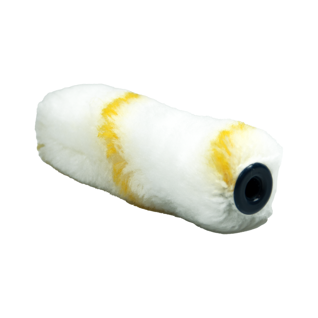 Een witte verfroller met gele strepen en een zwart middenstuk.