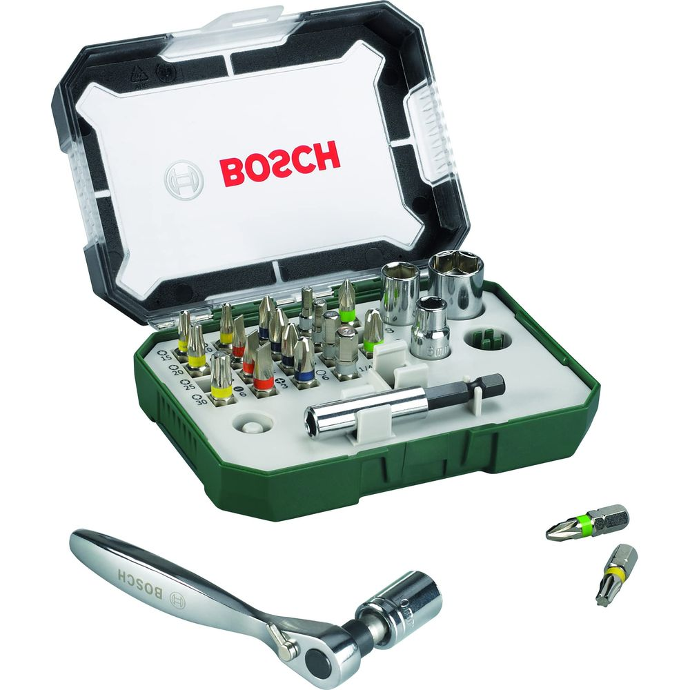 Cassetta attrezzi Bosch con punte e chiave a cricchetto, coperchio bianco logo rosso.