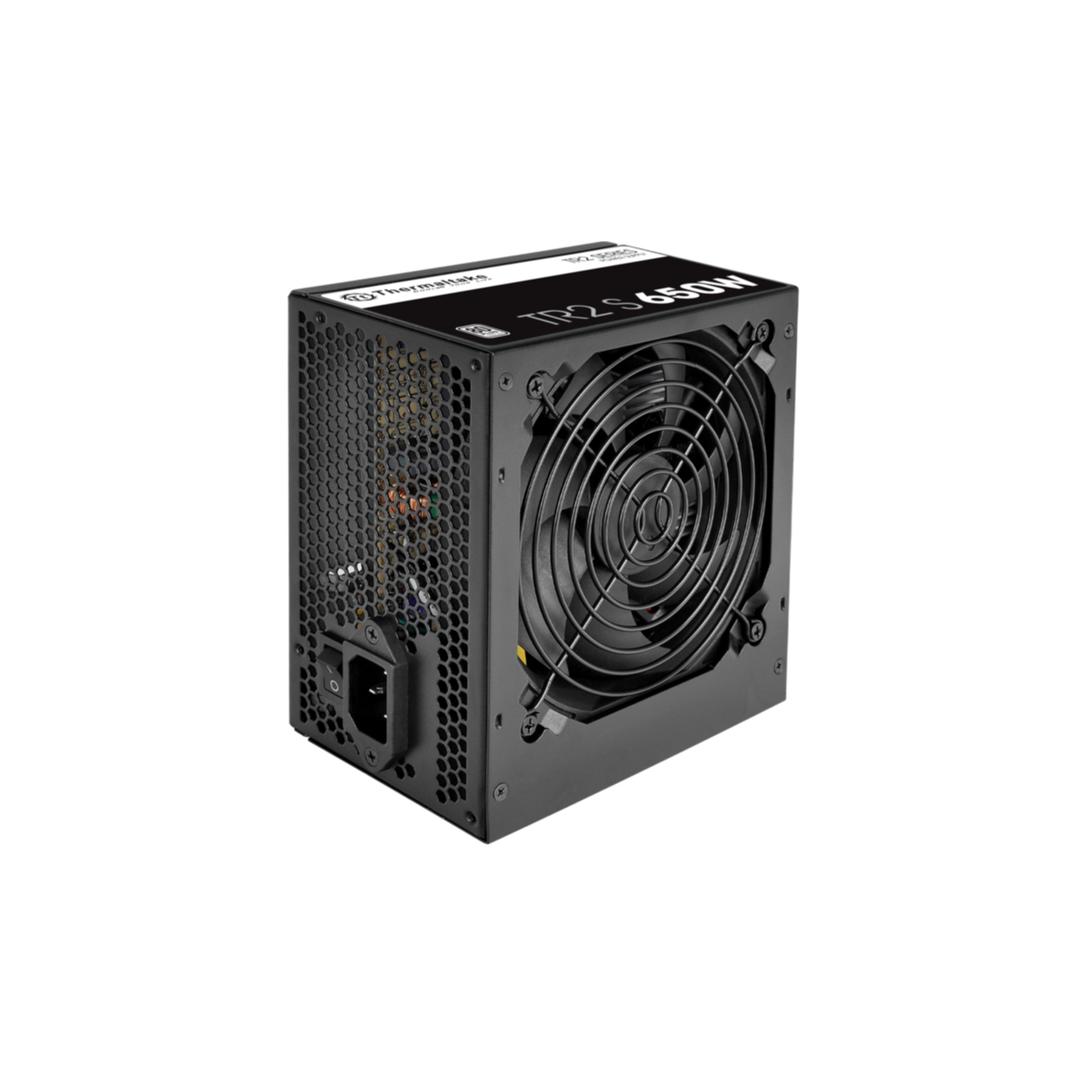 Black power supply unit with fan and power switch on the back.