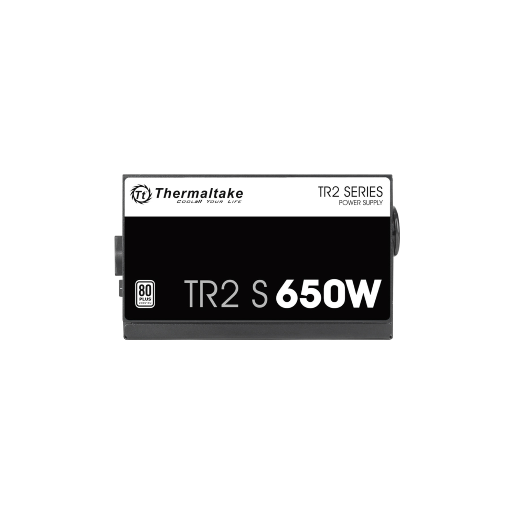 A black Thermaltake power supply unit labeled TR2 S 650W.