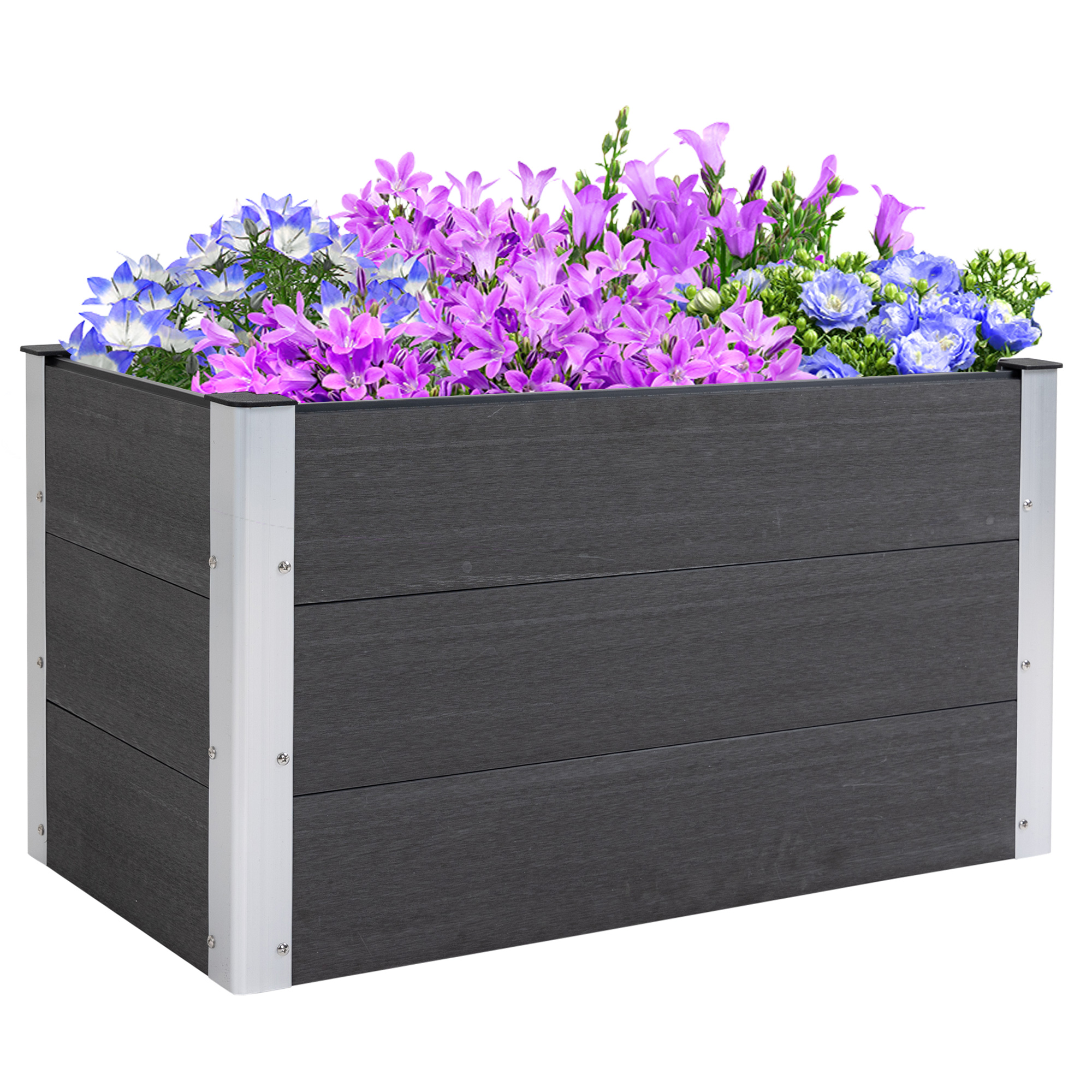Ein dunkler rechteckiger Blumenkasten mit silbernen Ecken, gefüllt mit lila und blauen Blumen.