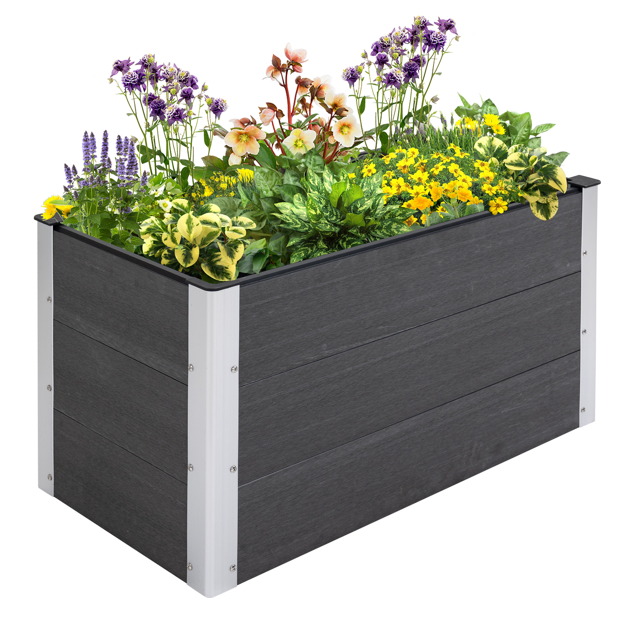 Ein rechteckiger Hochbeet mit dunklem Holz und Metallecken, gefüllt mit bunten Blumen.