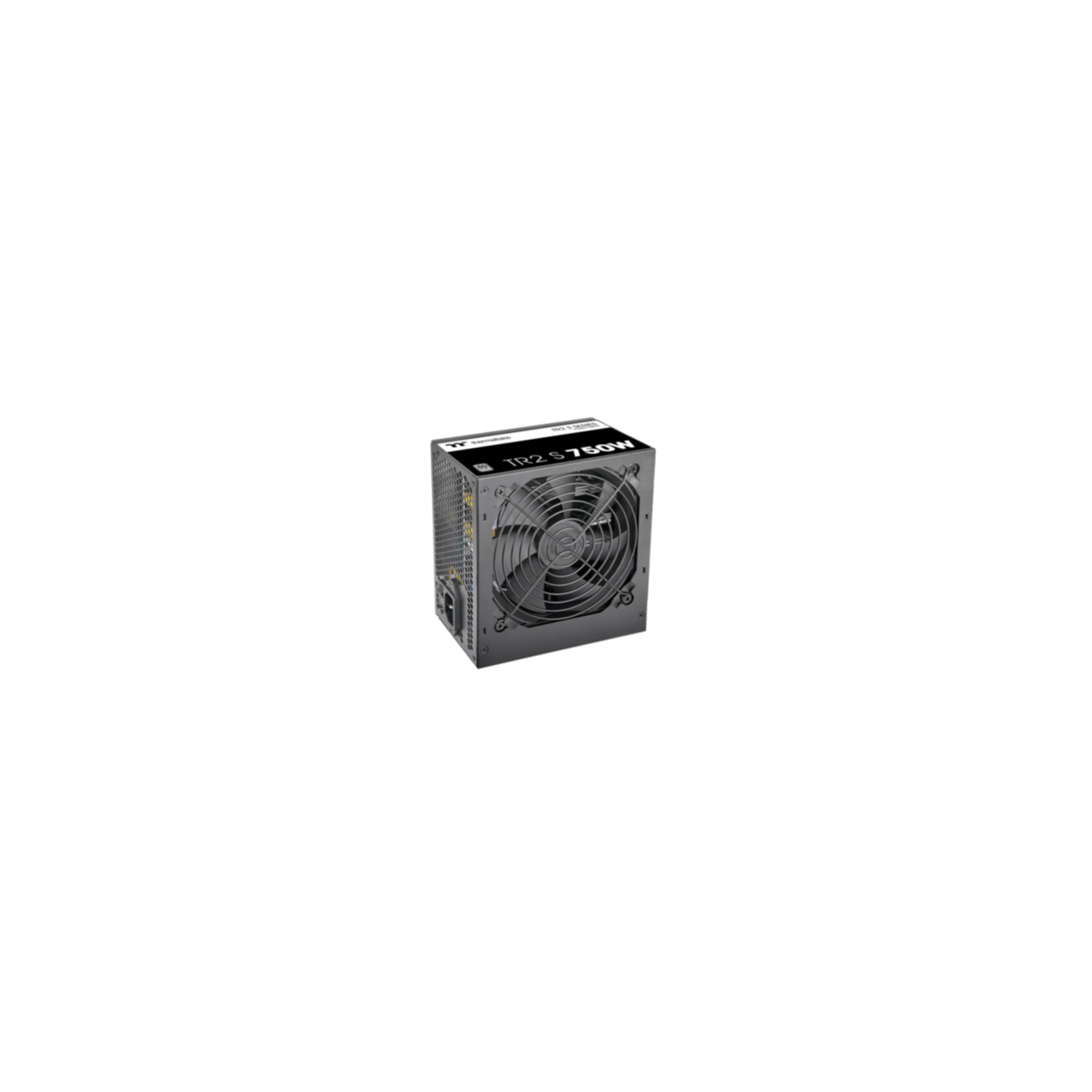 Ein schwarzes Netzteil mit einem Lüfter auf der Vorderseite. Beschriftung TR2 S 750W.