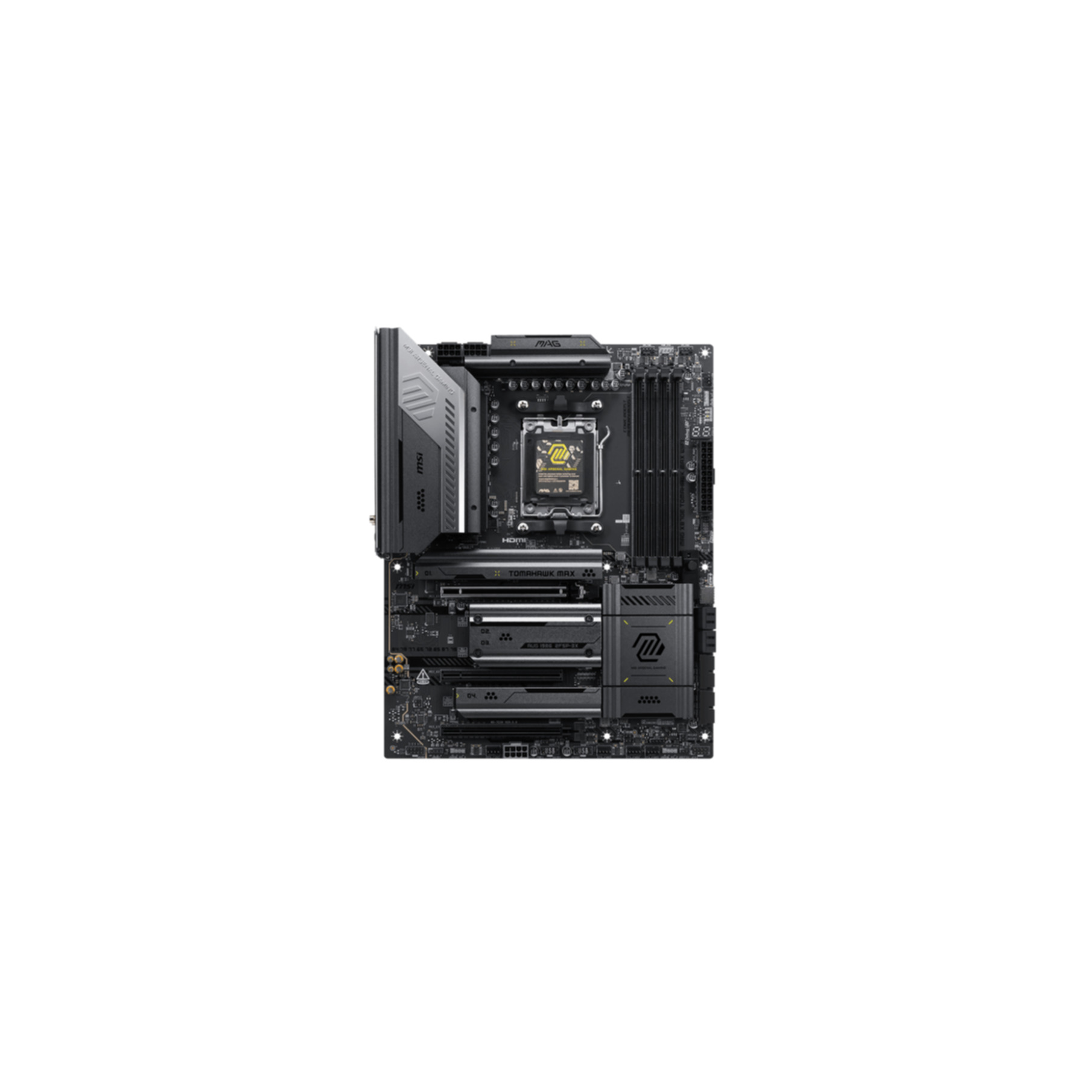 A black motherboard with silver accents and a gold CPU socket.