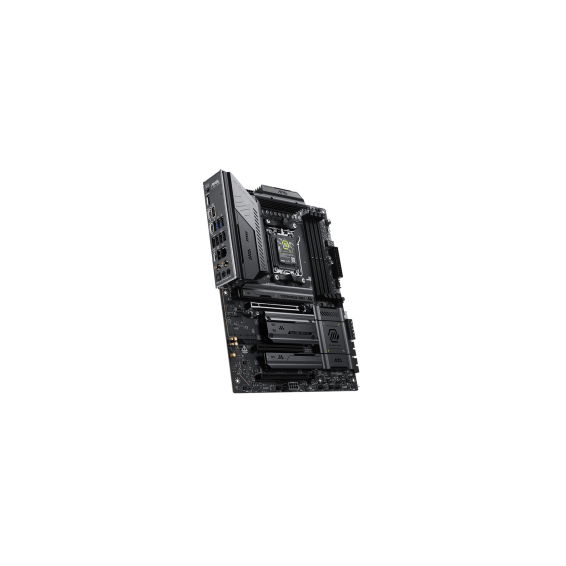 A black motherboard with silver accents, shown at an angle.