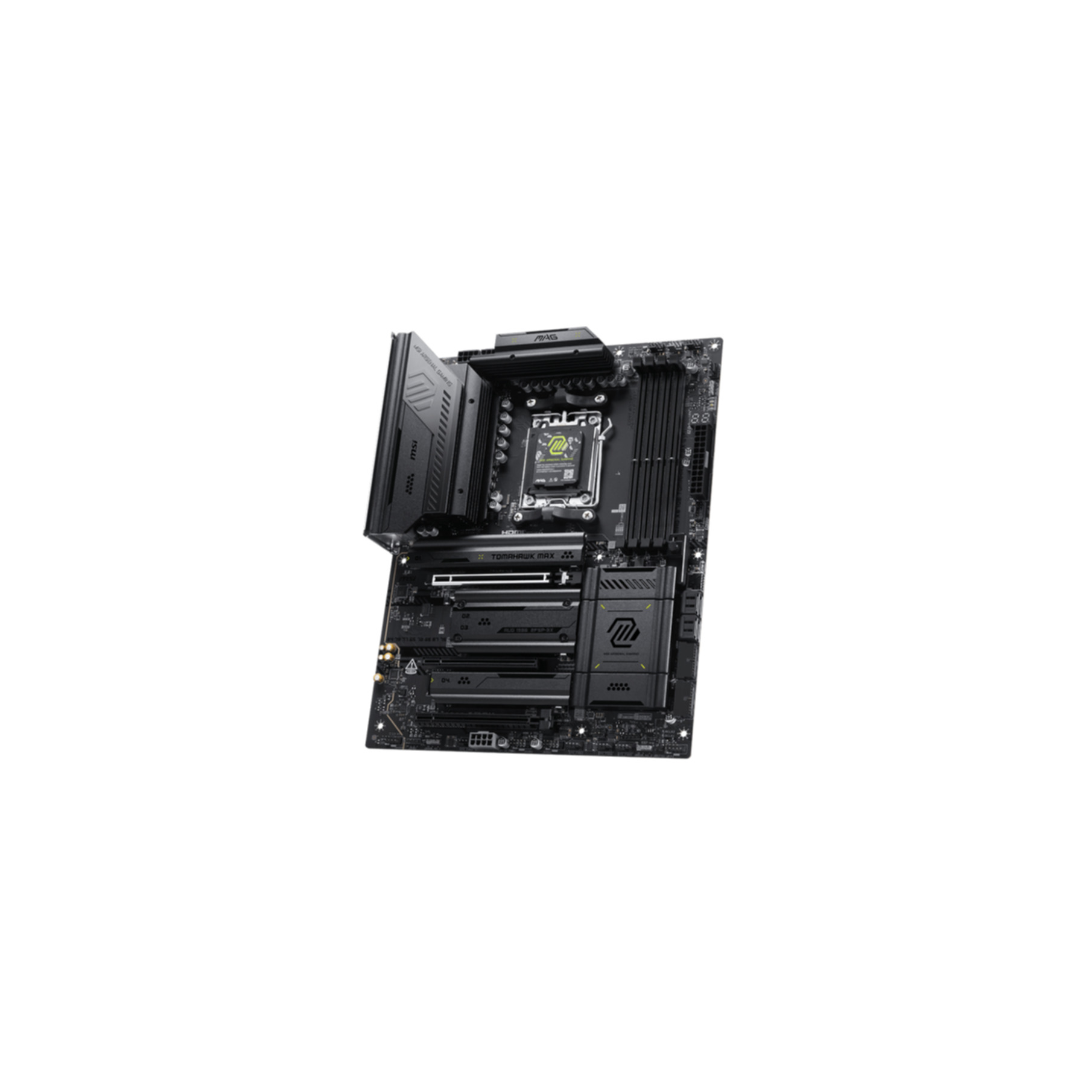 Black motherboard with silver and yellow accents, PCIe slots, and CPU socket.