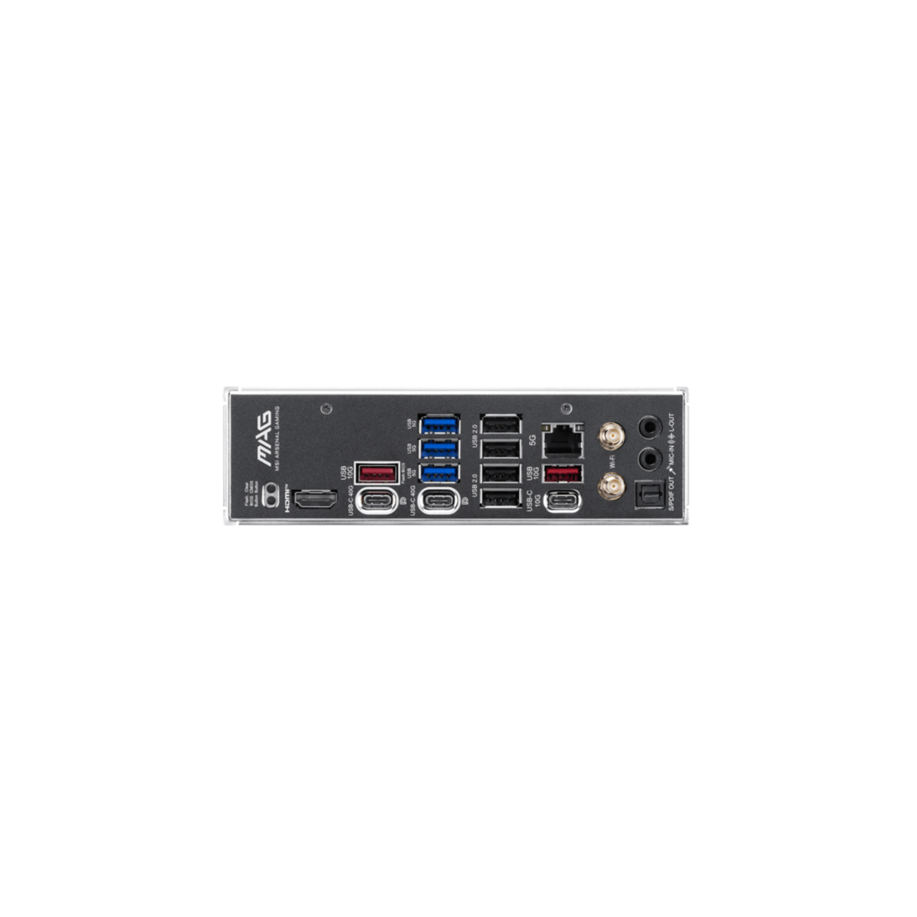 Motherboard back panel with USB, HDMI, Wi-Fi, and audio ports. MSI MAG branding.