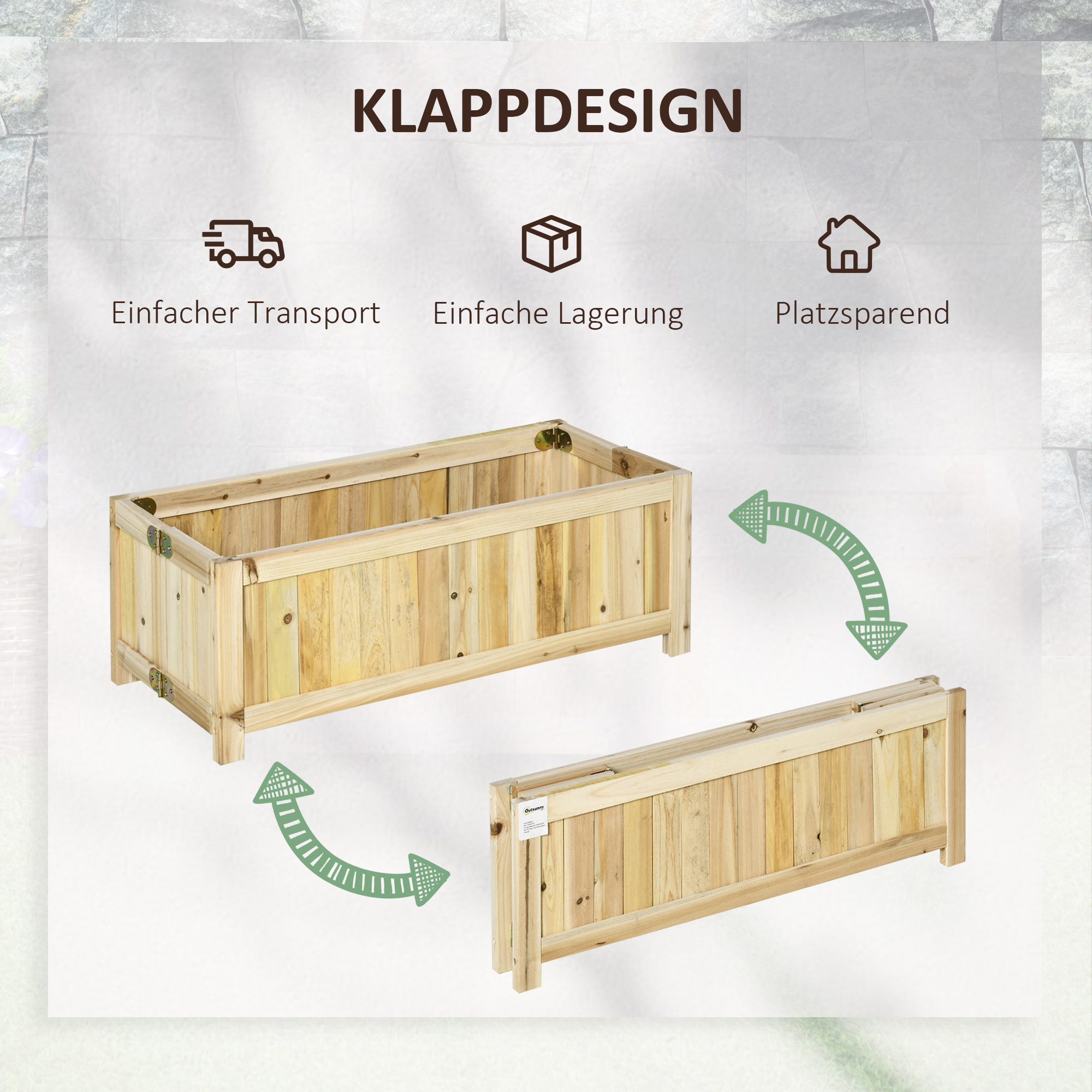 Ein aufklappbarer Holzkasten wird gezeigt, einmal aufgebaut und einmal zusammengeklappt.