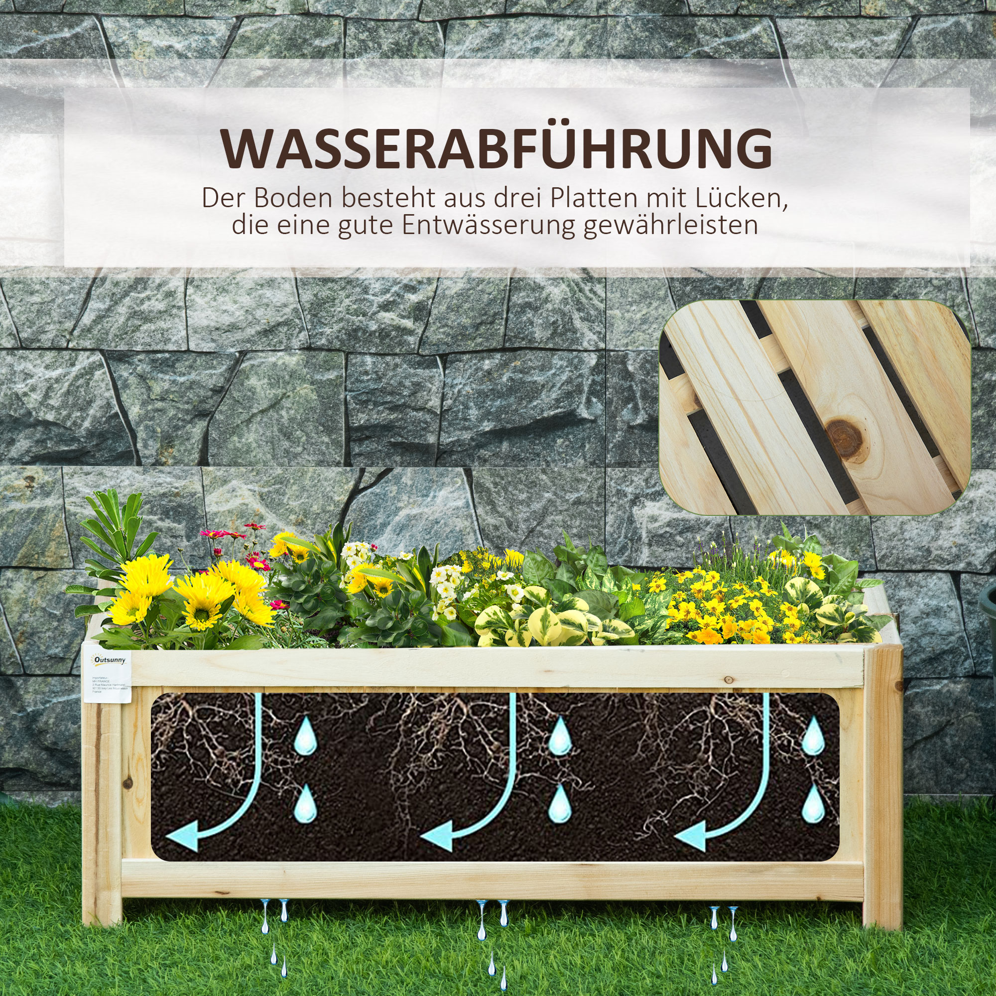 Holz-Hochbeet mit gelben Blumen und Entwässerungs-Illustration.