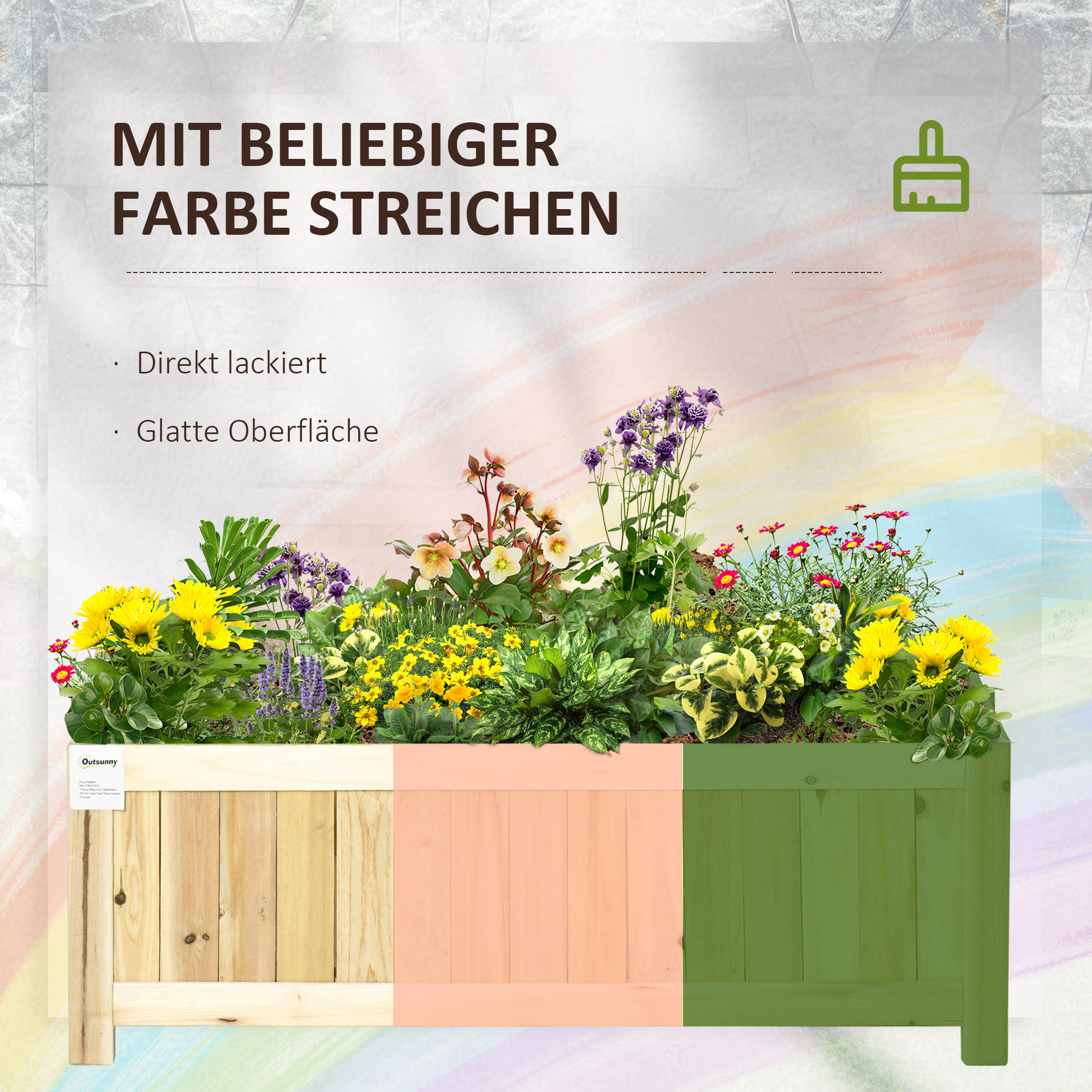 Ein Blumenkasten mit verschiedenen Blumen und drei Farbsegmenten.