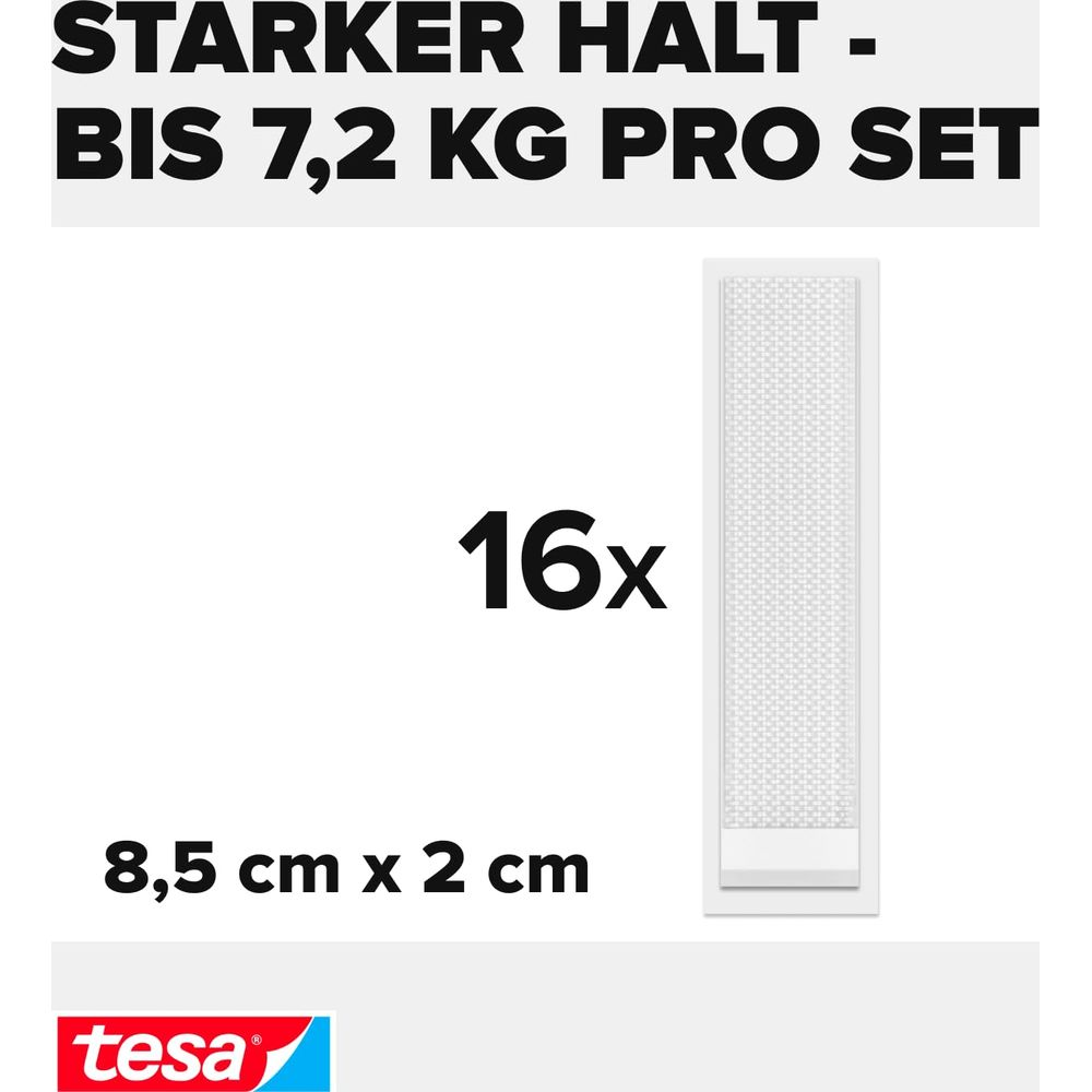 16 strisce adesive bianche, 8,5x2cm, per 7,2kg, Tesa