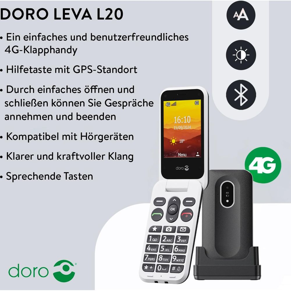 Biały telefon składany Doro Leva L20 z podstawką ładującą, klawiaturą i ekranem.