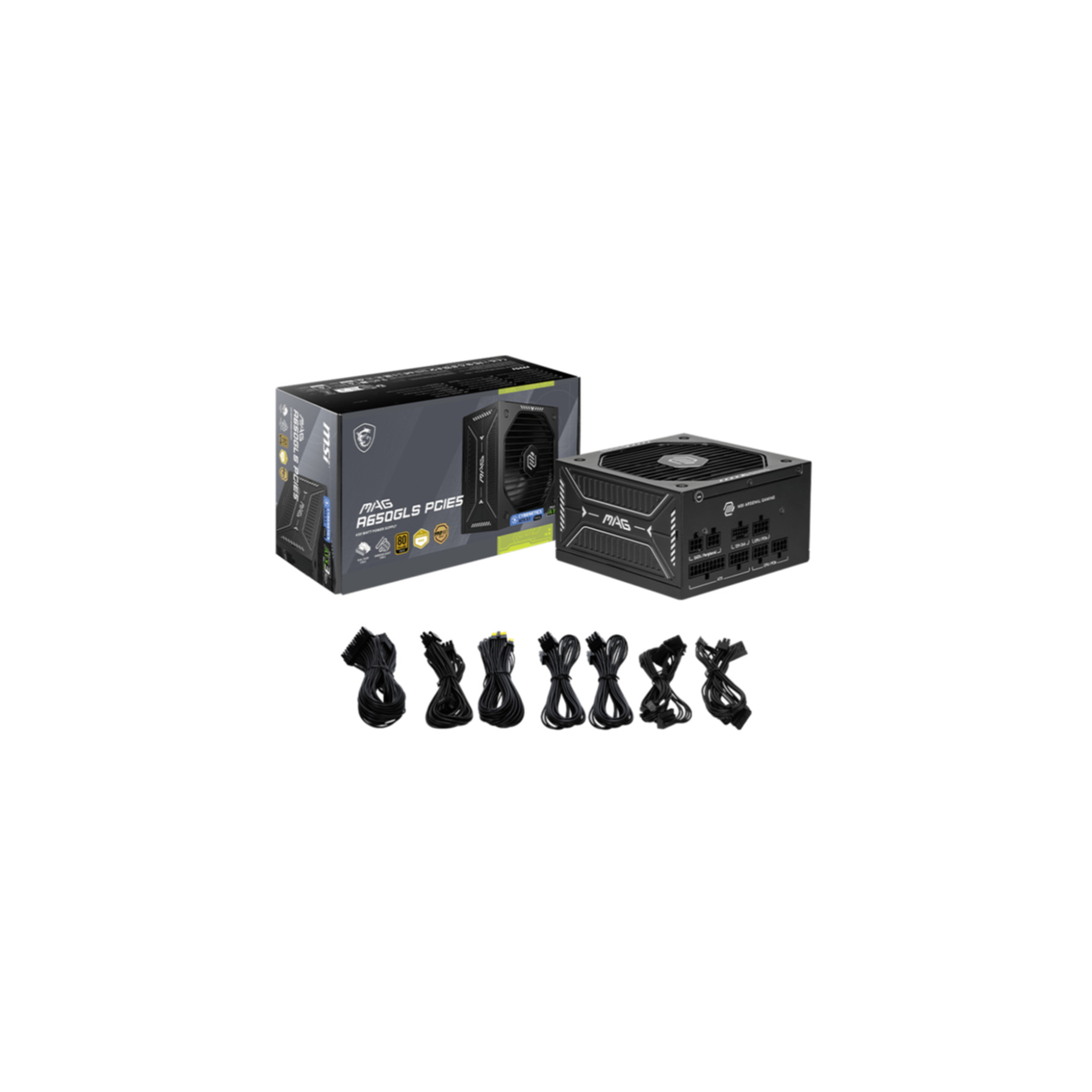 MSI MAG A650GLS PCIES power supply unit with cables and box.
