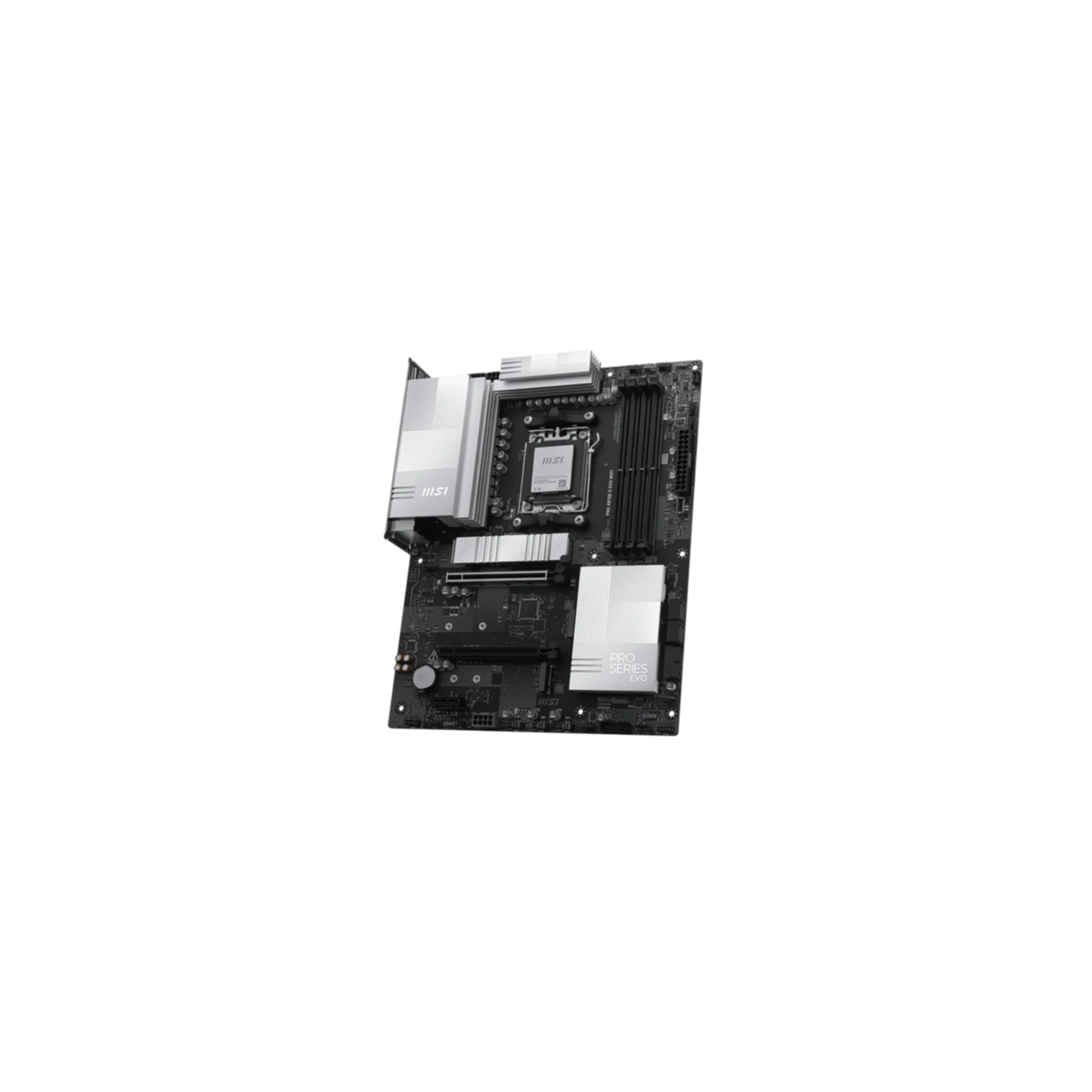 Ein schwarzes Motherboard mit silbernen Kühlkörpern und MSI-Logo.