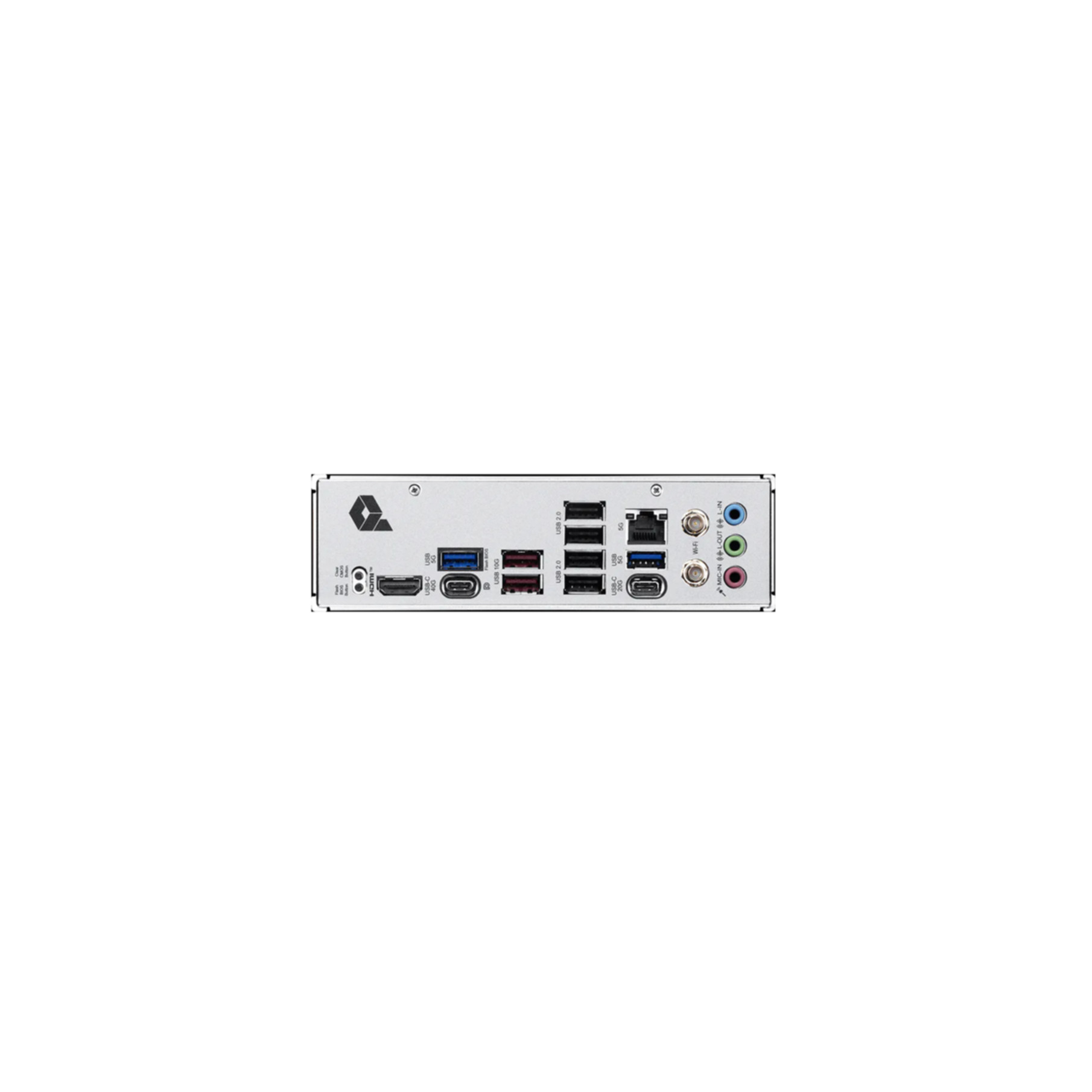 Rückseite eines PCs mit Anschlüssen: HDMI, USB-C, USB-A, LAN, Audiobuchsen.