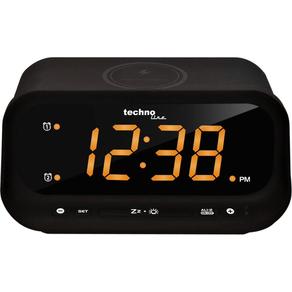 Sveglia digitale nera con display arancione che mostra le 12:38.