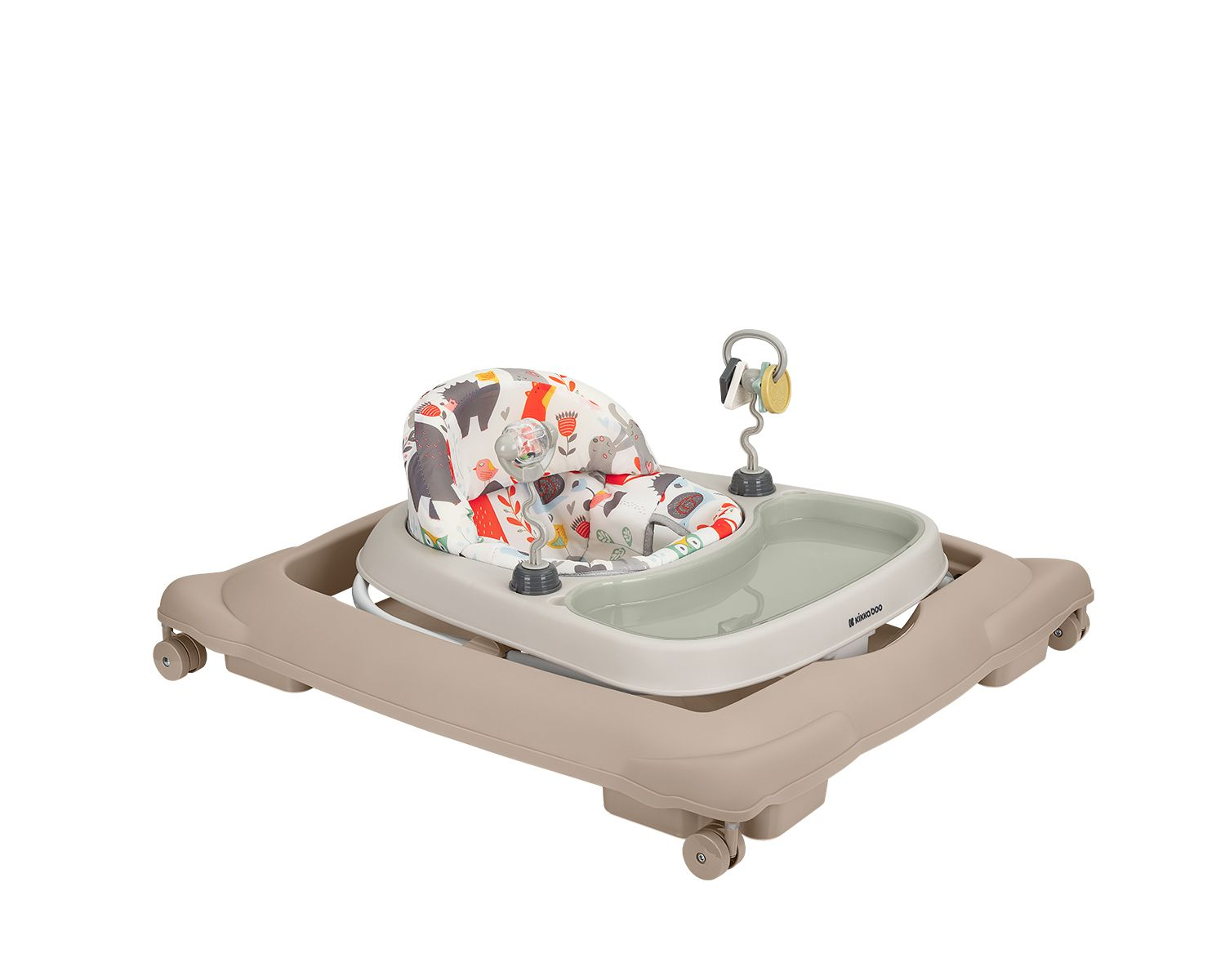 Ein beiger Babywalker mit bunten Tiermotiven und Spielzeug.