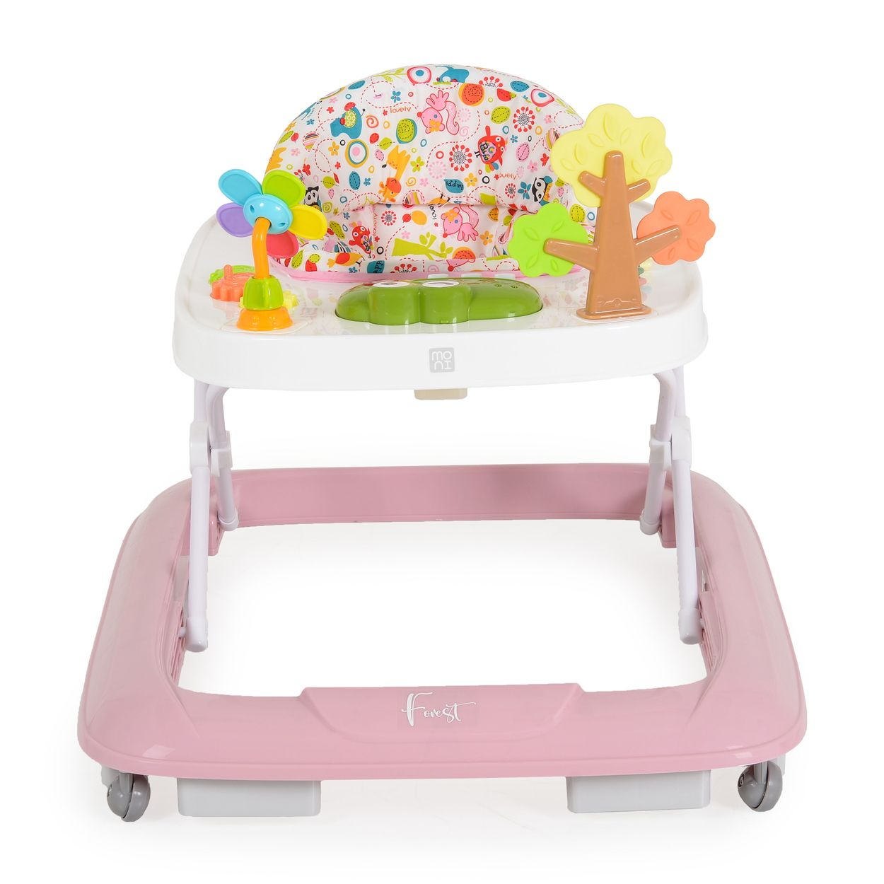 Ein rosa Baby-Gehfrei mit buntem Spielzeug und Baumdekoration.