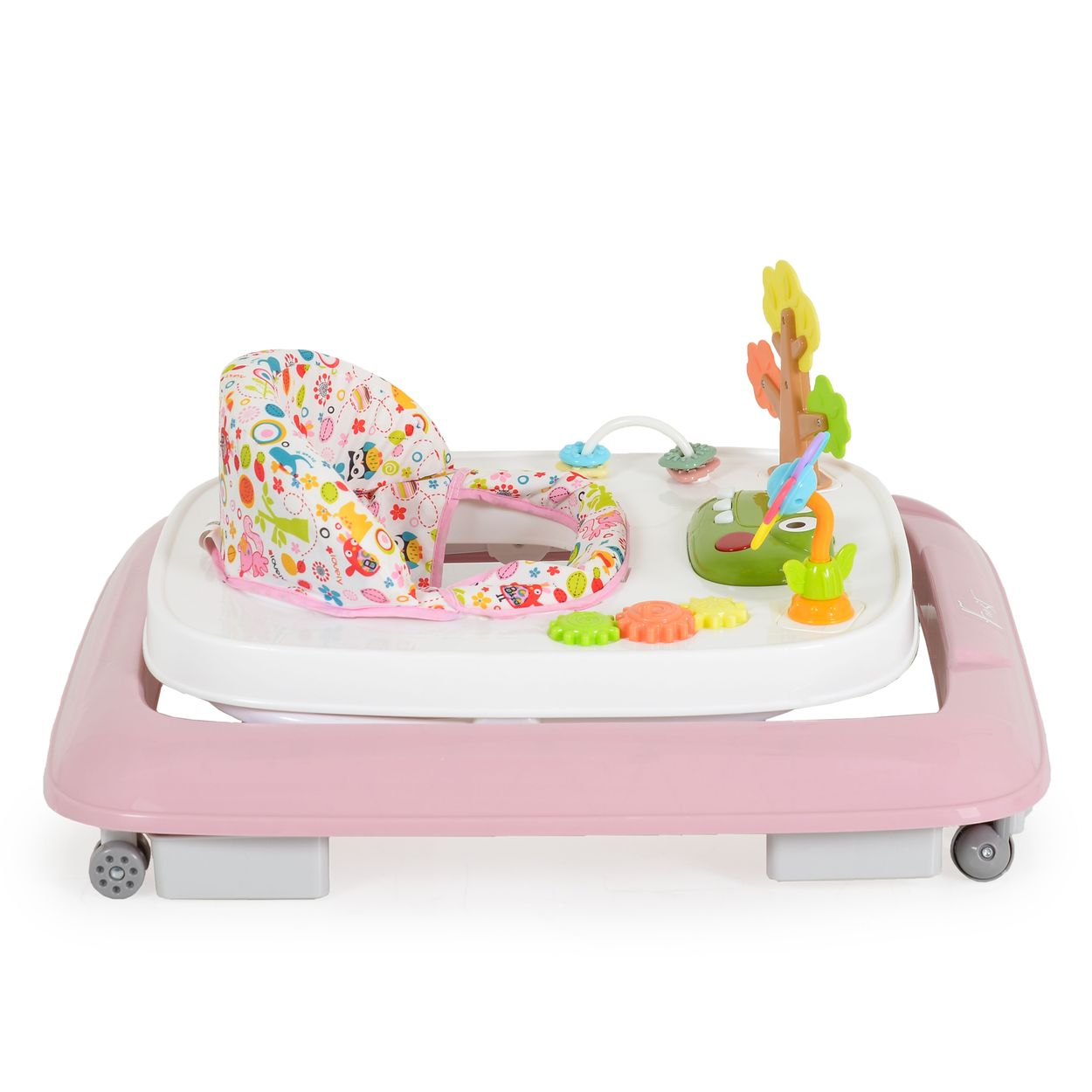 Ein rosafarbener Baby-Lauflernwagen mit bunten Spielzeugen und einem Sitz.