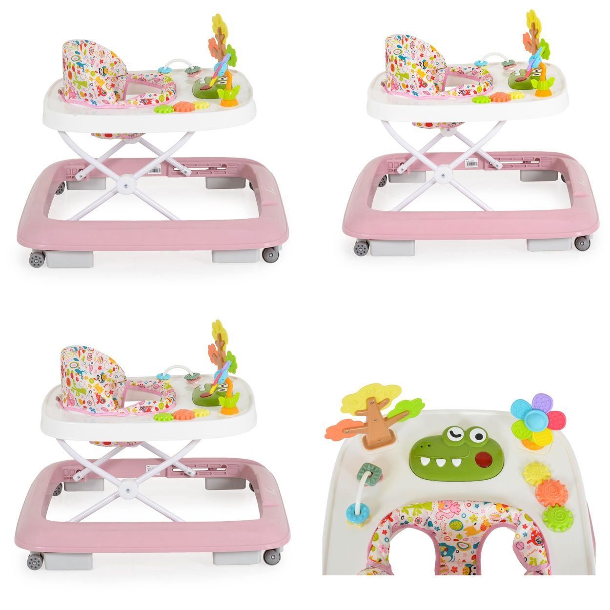 Ein rosa Baby-Gehfrei mit Spielzeug und Sitz. Vordere Ansicht.