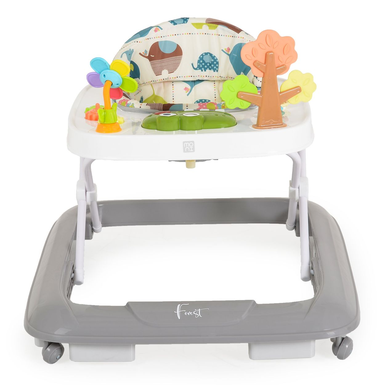 Ein Baby-Gehfrei mit Elefantenmuster, Spielzeug und einem Baum.