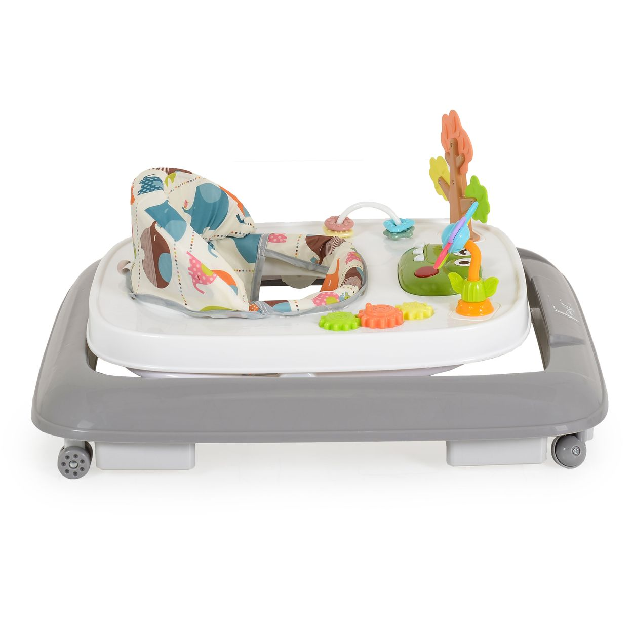 Baby-Lauflernhilfe mit bunten Spielzeugen, Sitz und Rädern.