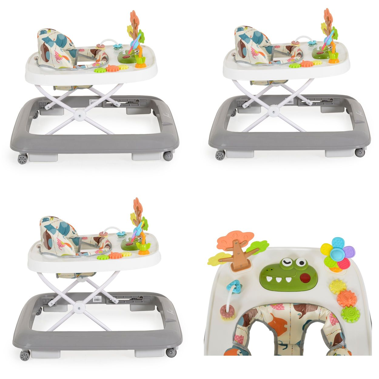 Ein Baby Lauflerner mit Spielzeug, Sitz und Rädern in Weiß und Grau.
