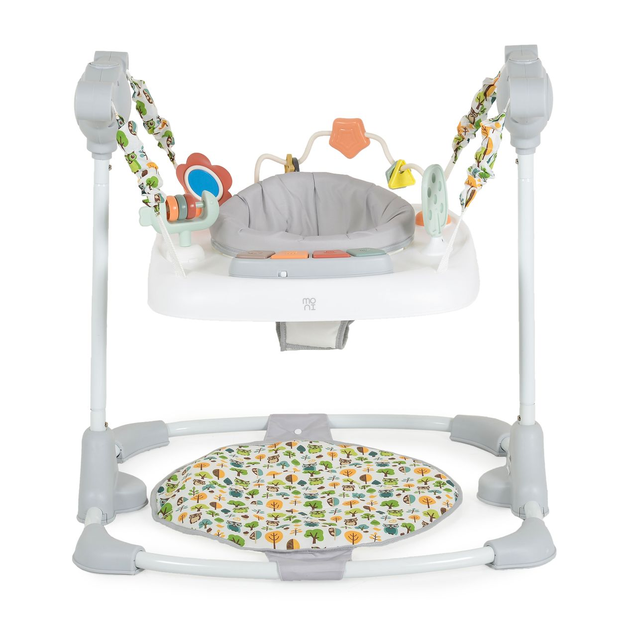 Ein weißer Baby-Jumper mit Spielzeug und einer bunten Bodenmatte.