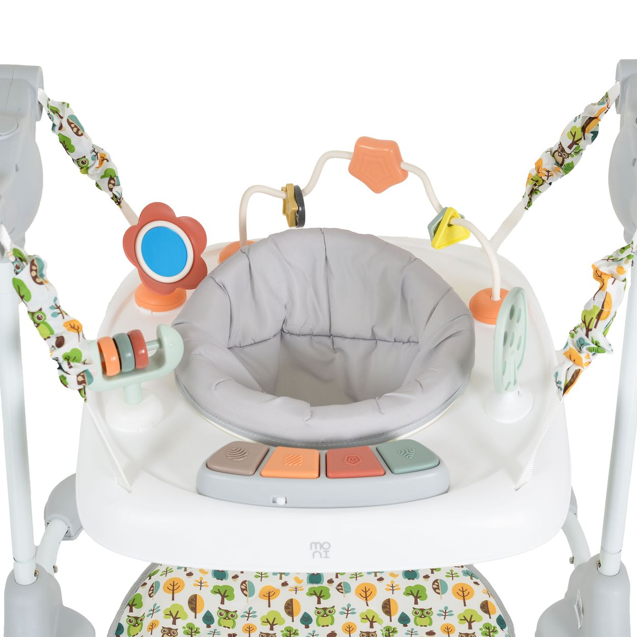 Ein weißer Babywalker mit grauem Sitz, Spielzeug und bunten Knöpfen auf dem Tablett.