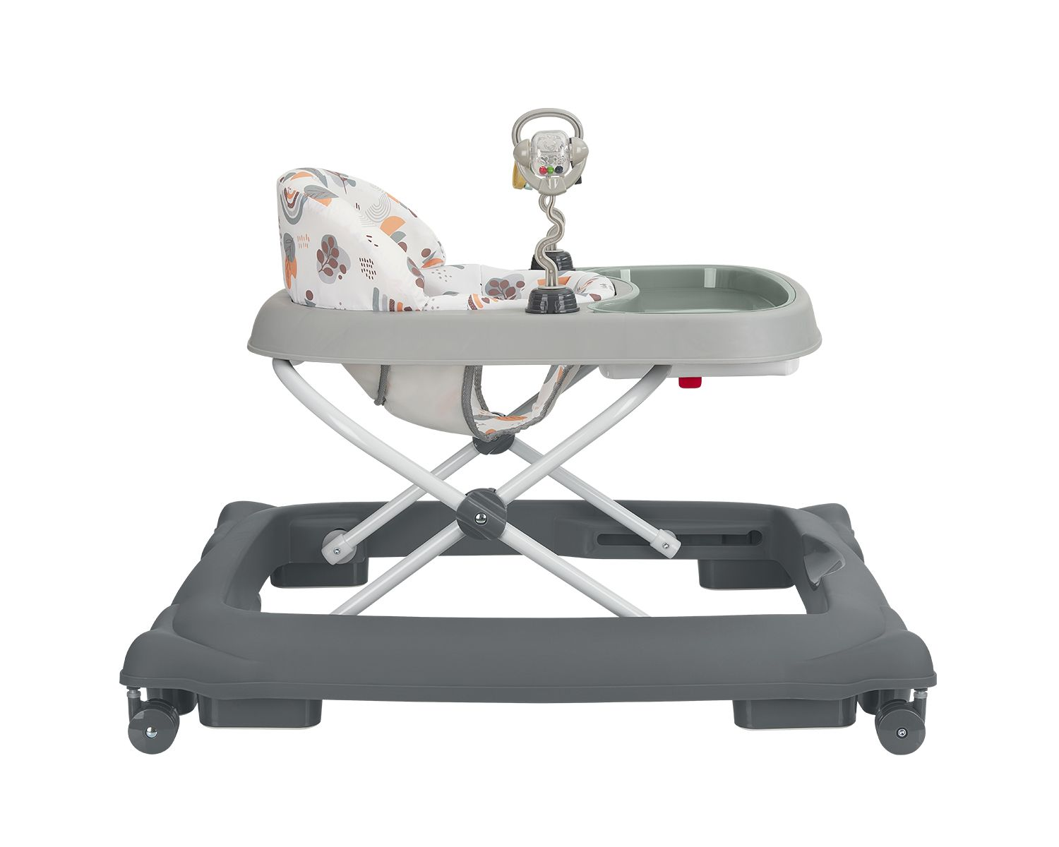 Ein grauer Baby-Gehfrei mit buntem Sitz und Spielzeug.