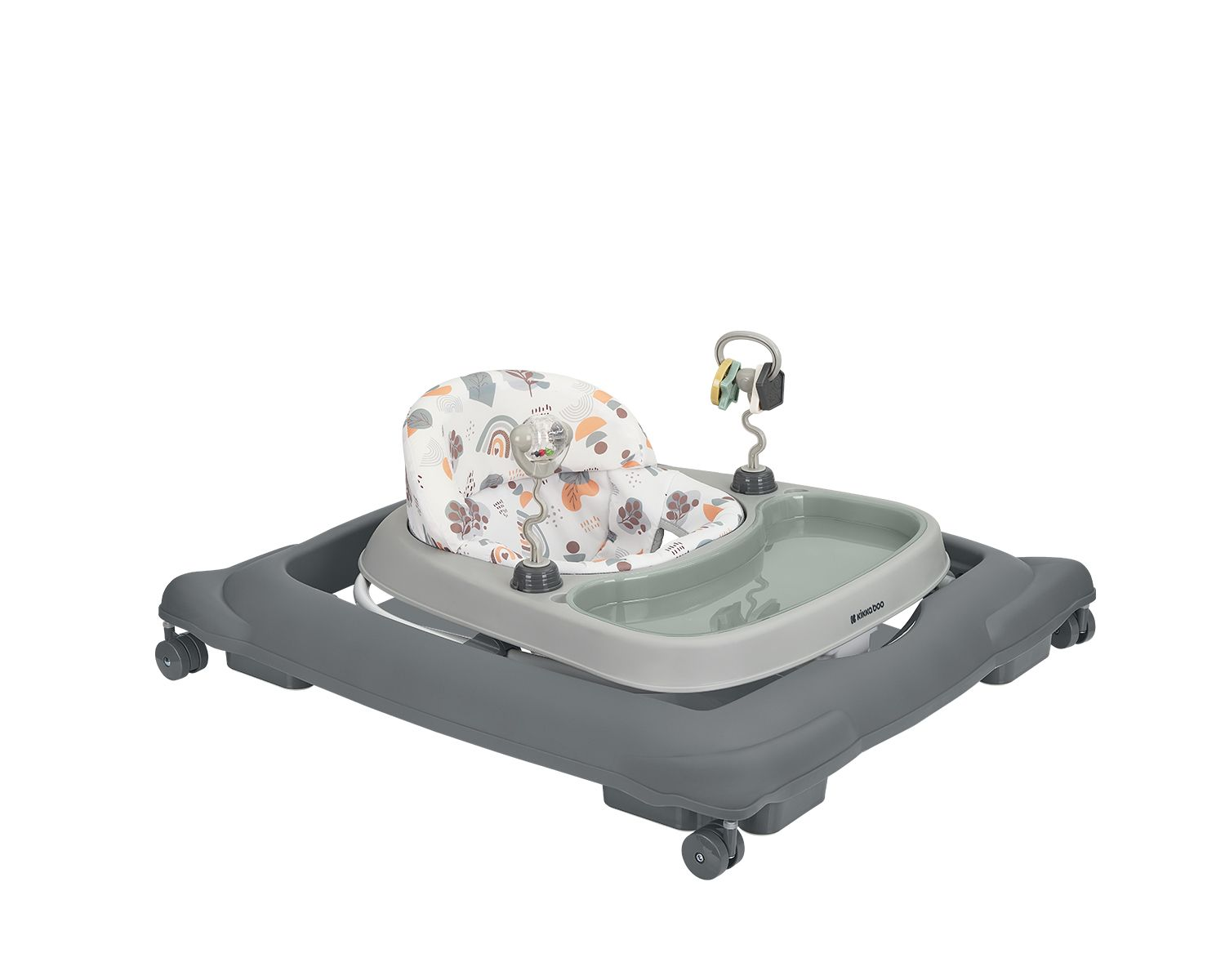 Grauer Lauflernwagen mit buntem Sitz und Spielzeug. Weißer Hintergrund.