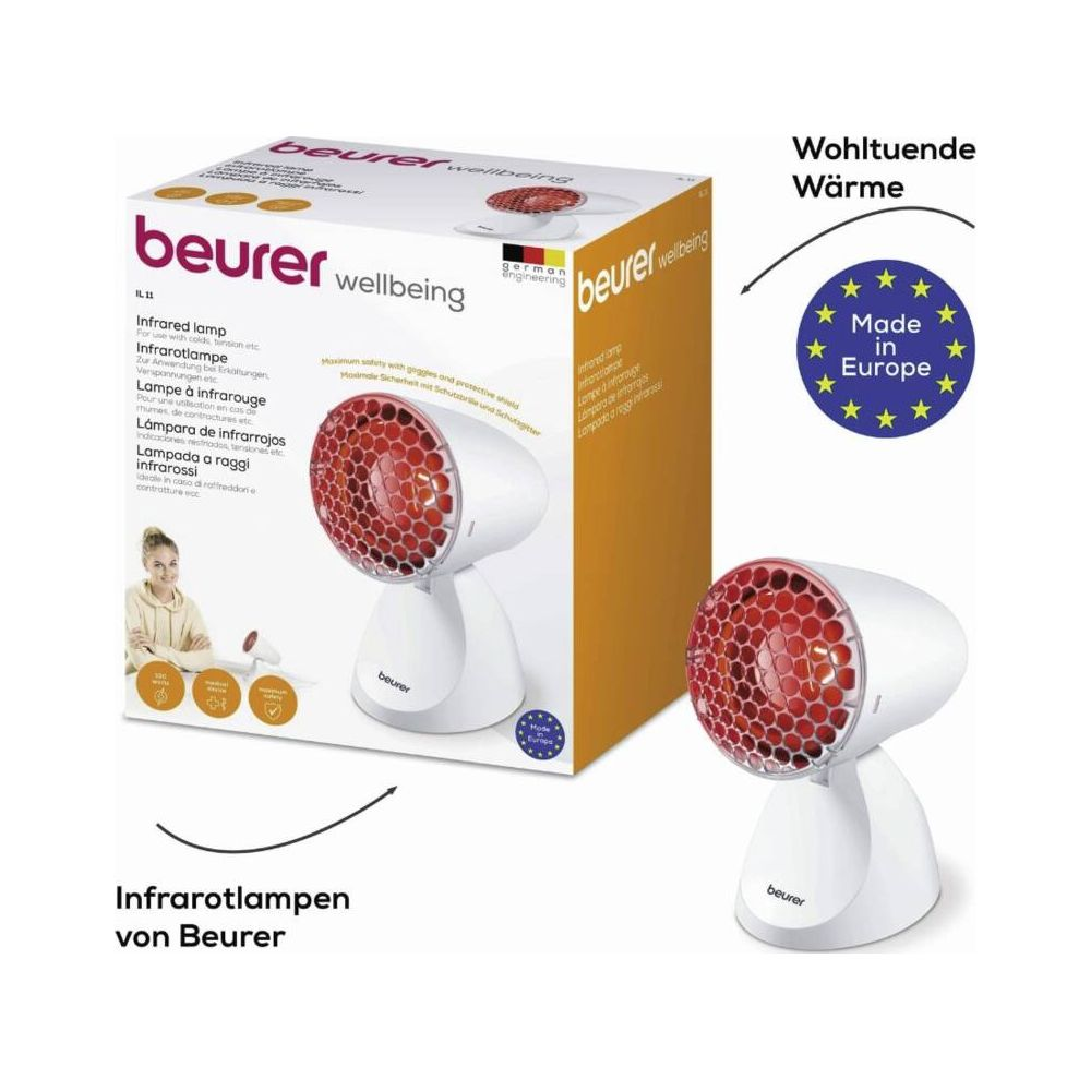 Ein weißer Beurer Infrarotstrahler steht neben seiner Verpackung. 