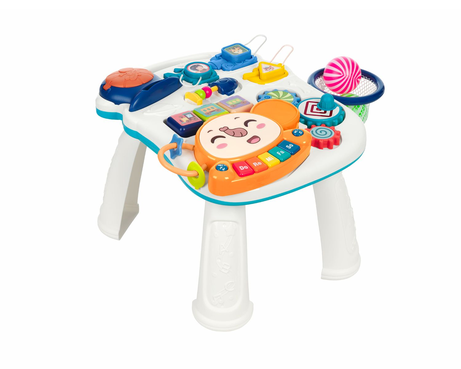 Ein bunter Spieltisch mit Tiermotiv, Tasten und einem Basketballkorb.