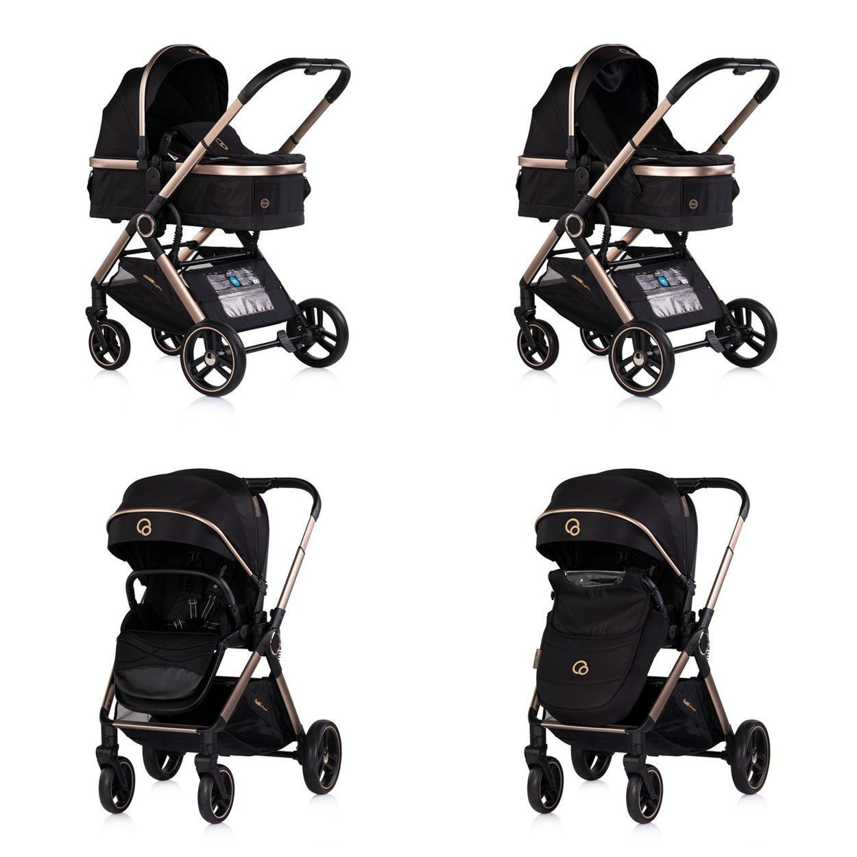 Vier schwarze Kinderwagen mit goldenen Akzenten auf weißem Hintergrund.