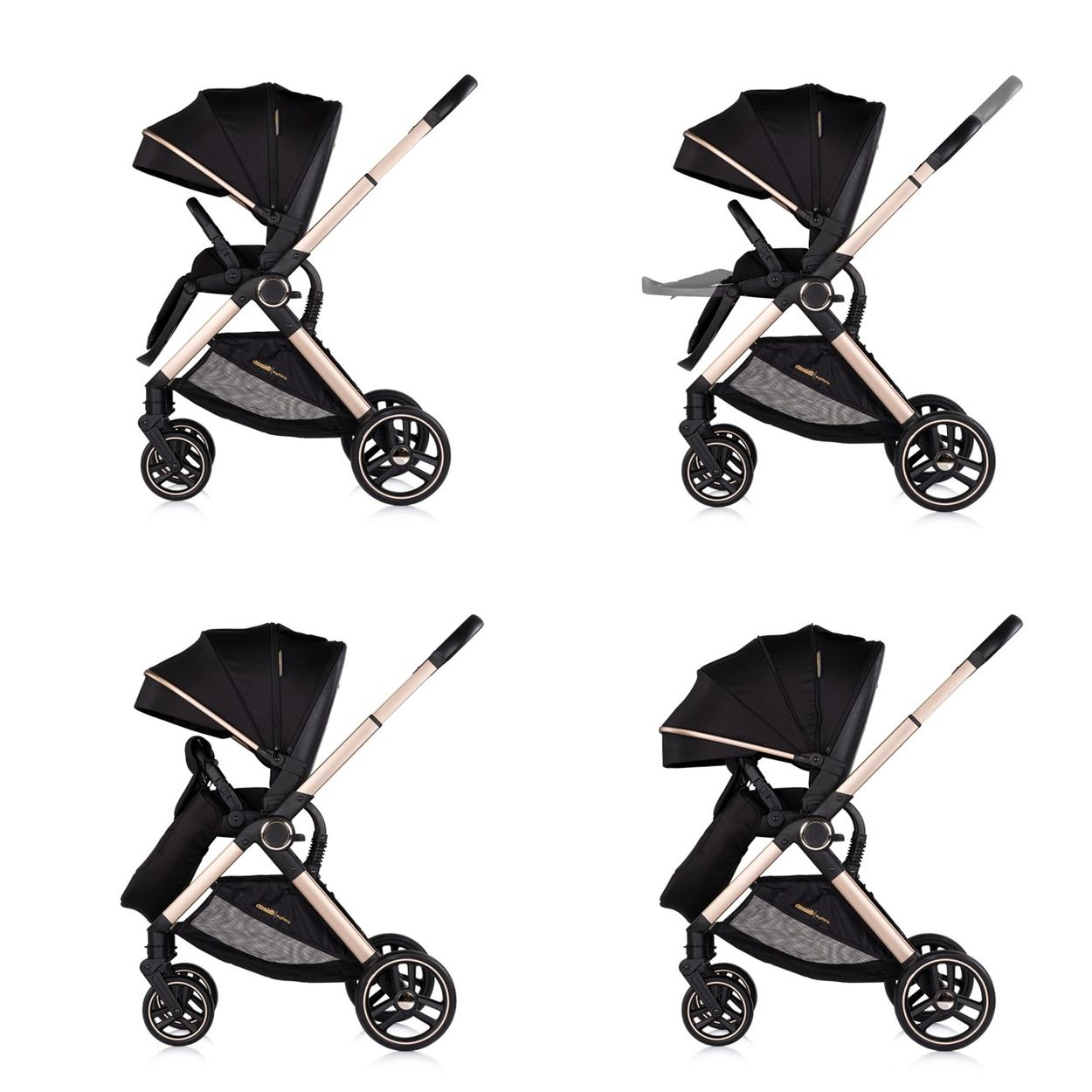 Ein schwarzer Kinderwagen mit goldenem Rahmen und Rädern auf weißem Hintergrund.