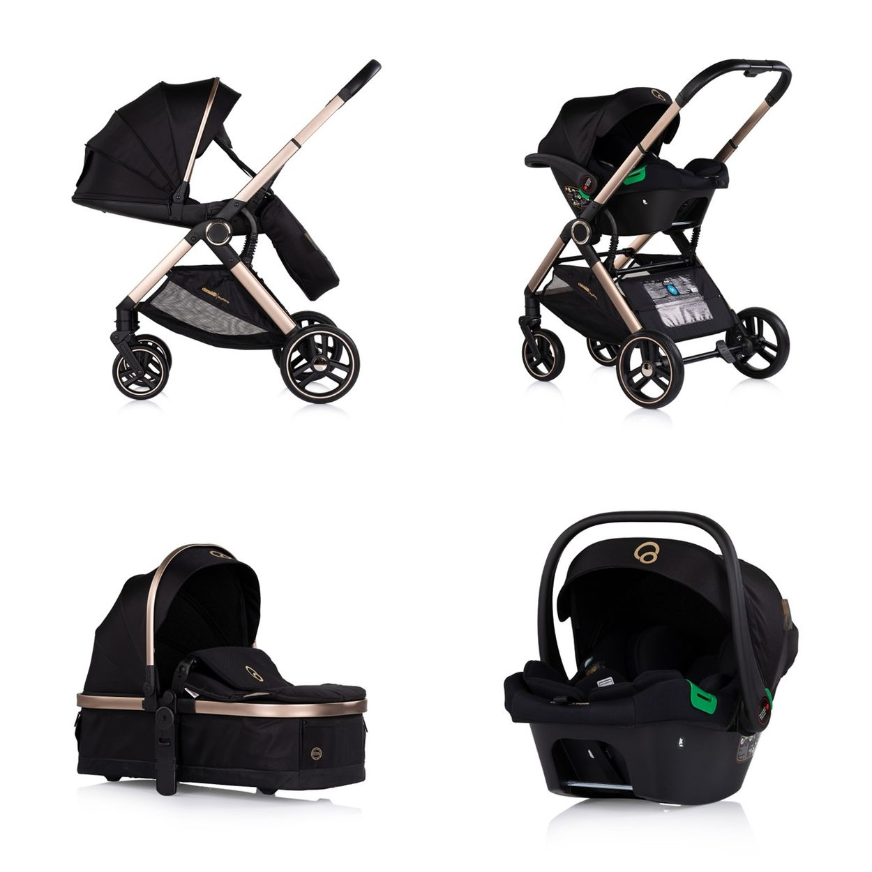 Vier schwarze Baby-Reisesystem-Komponenten: Kinderwagen, Kinderwagen m. Sitz, Babywanne, Autositz.