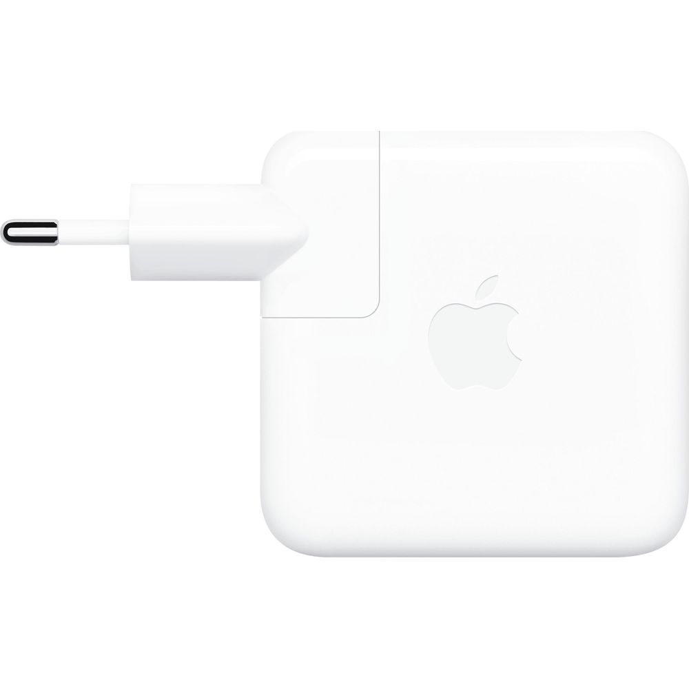 Alimentatore bianco Apple con logo discreto e spina pieghevole.