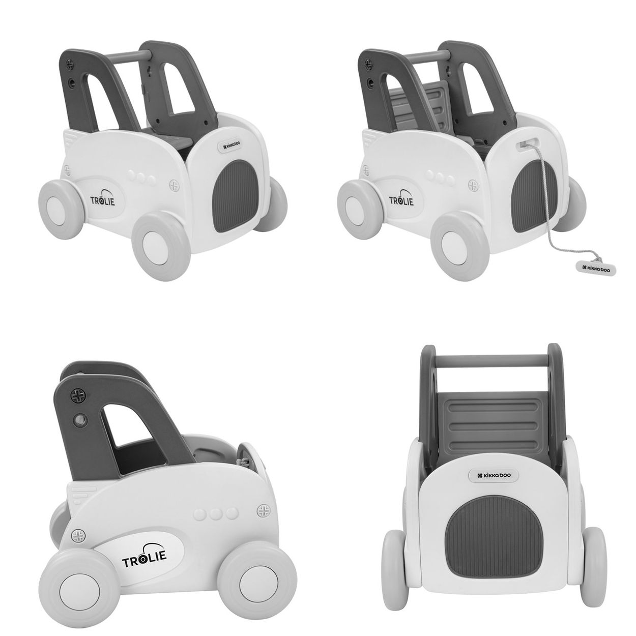 Ein weißer und grauer Lauflernwagen mit Rädern und Griff.