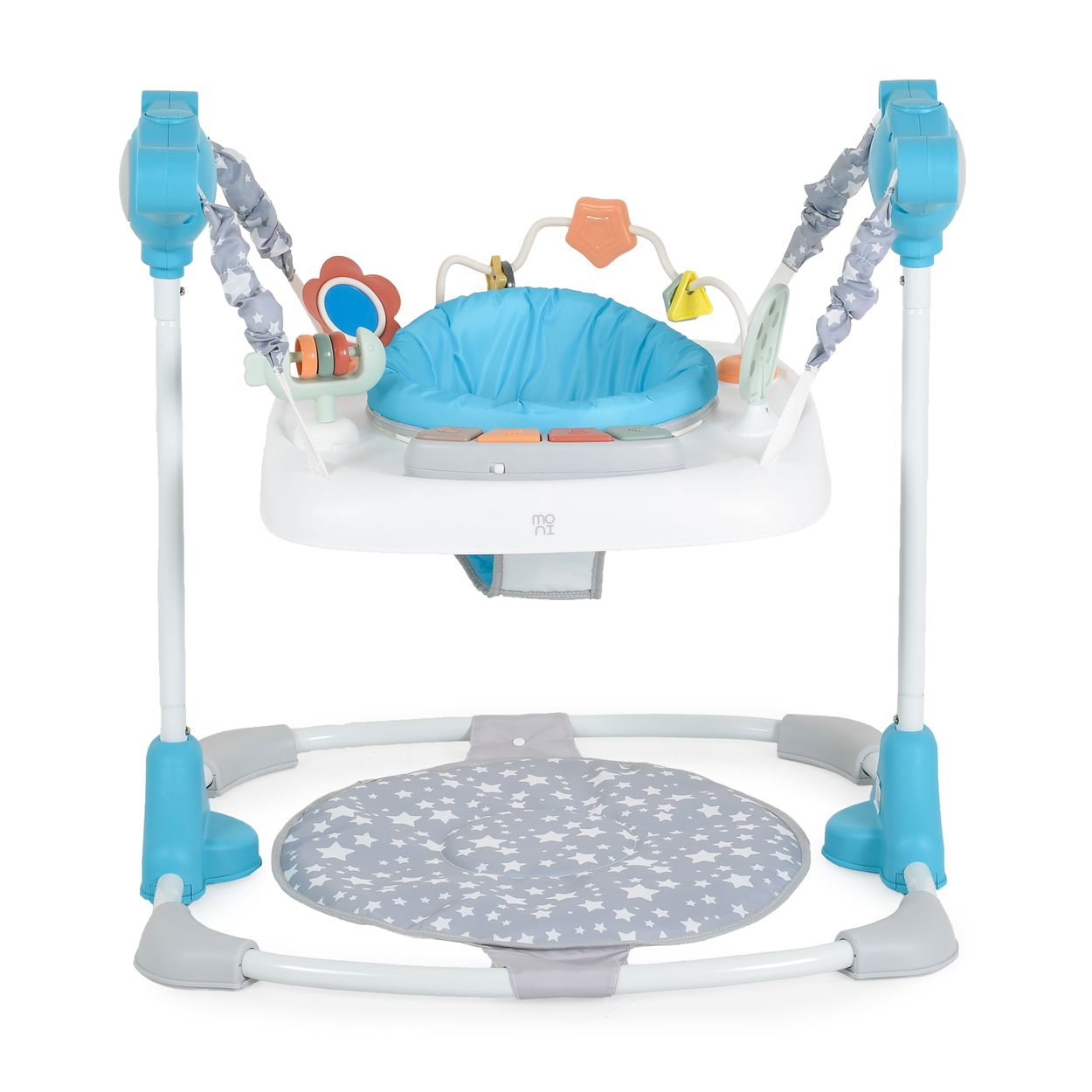Ein blauer Baby-Jumper mit Spielzeug, einer Matte und Ständern.