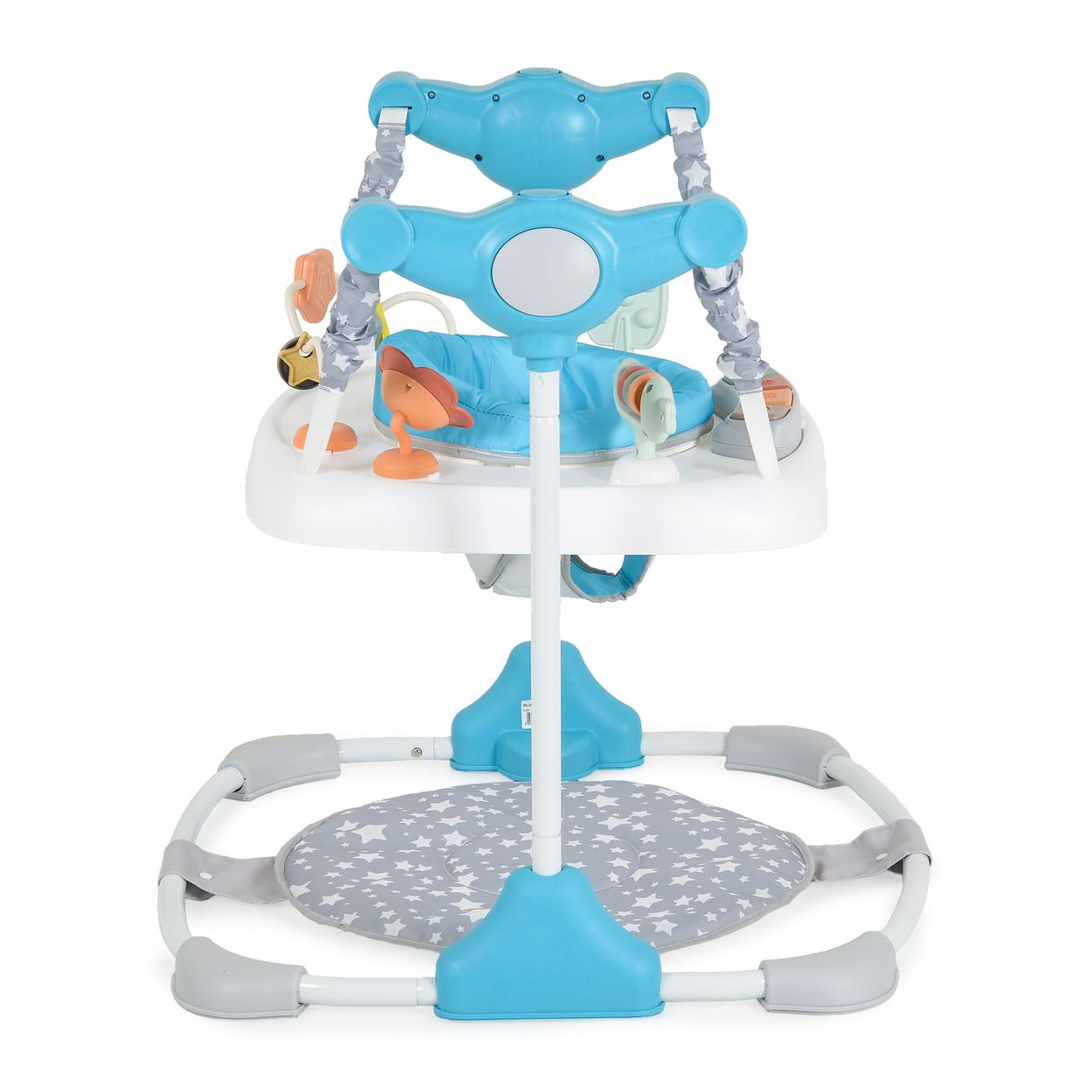 Ein blauer und weißer Baby-Spielbogen mit Spielzeug und einer Sitzschale.