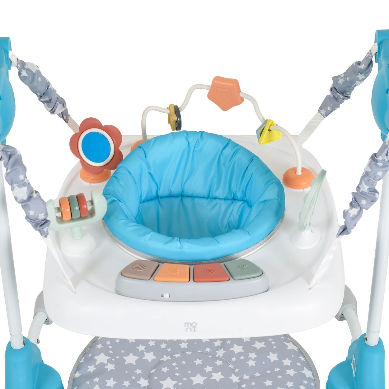 Nahaufnahme eines Babyspringers mit blauem Sitz, bunten Spielzeugen und Knöpfen auf einem weißen Tablett.