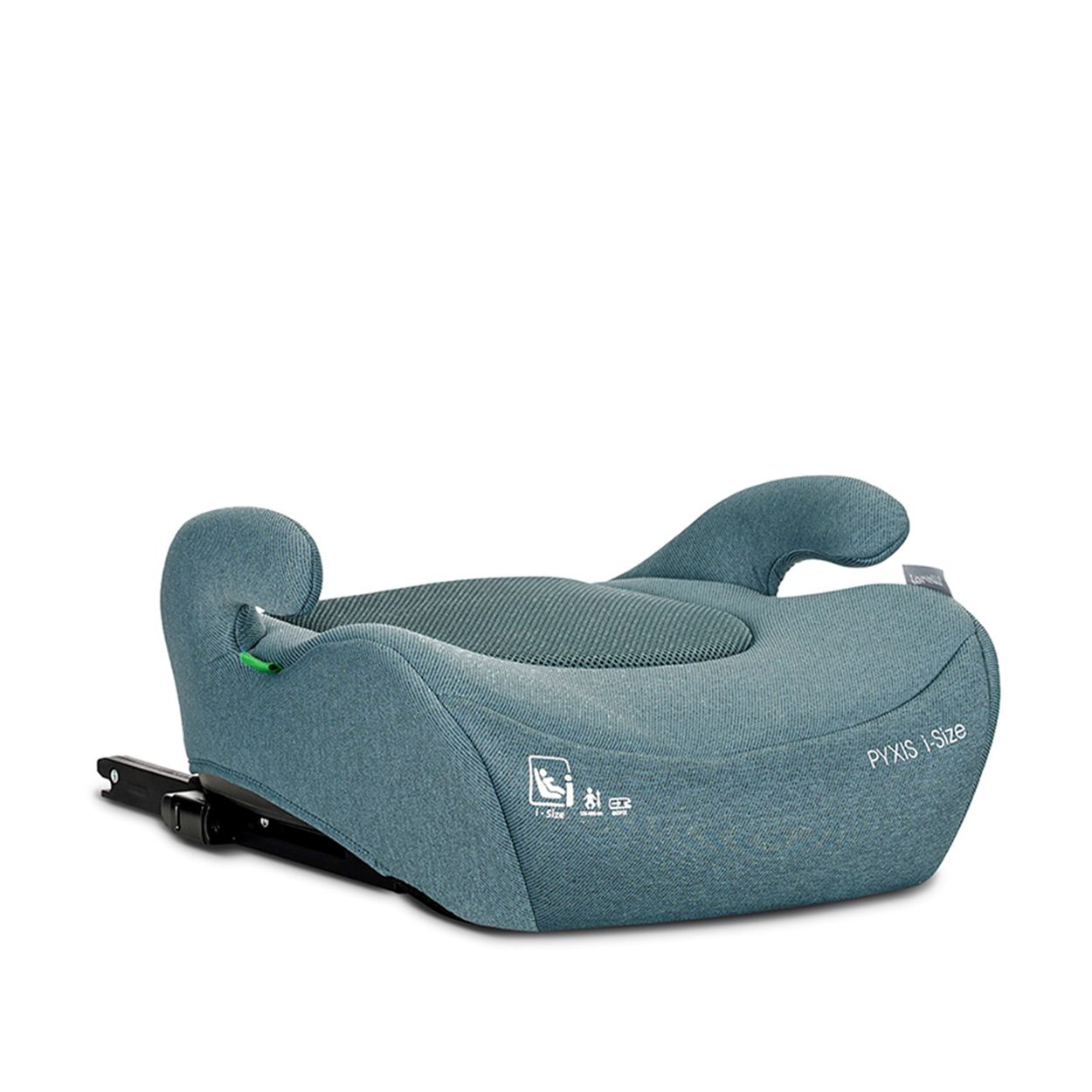 Blauer Kindersitz mit Armlehnen und "PYXIS i-Size"-Aufschrift.