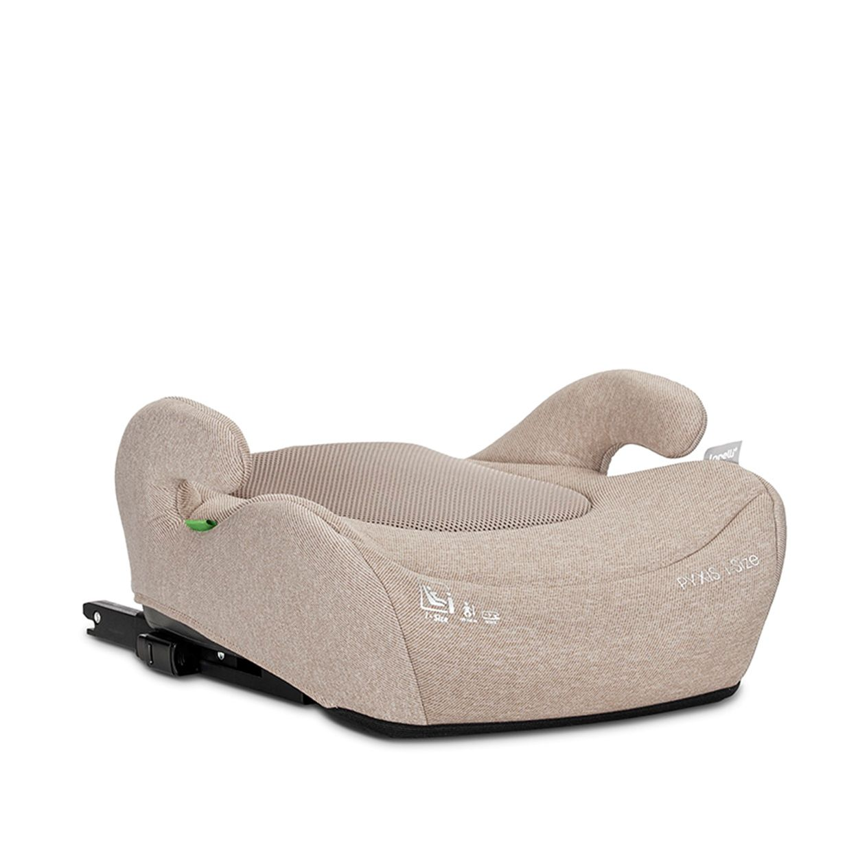 Ein beiger Kindersitz-Booster mit Stoffbezug und Armlehnen.