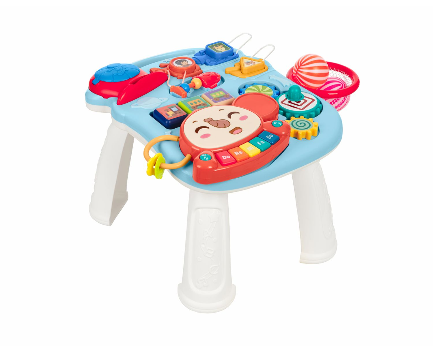 Un tavolo attività azzurro con gambe bianche, pieno di pulsanti e giochi colorati.