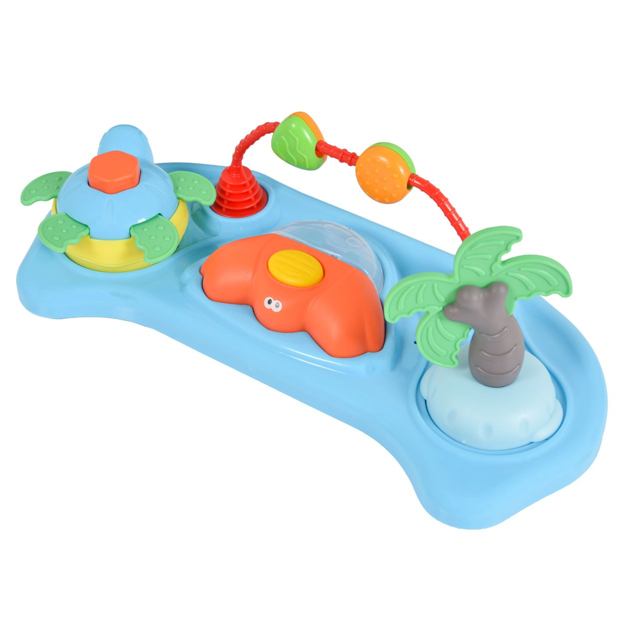Blaues Spielzeug mit Schildkröte, Palme und orangefarbenem Tier.