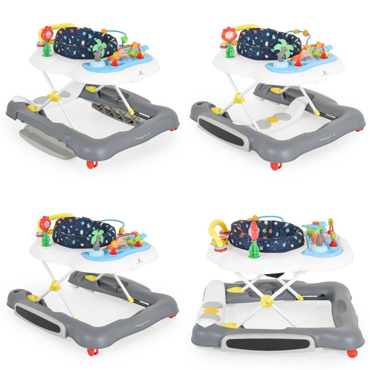 Ein grauer Baby-Walker mit Spielzeugplatte und Sitz, aus verschiedenen Blickwinkeln.