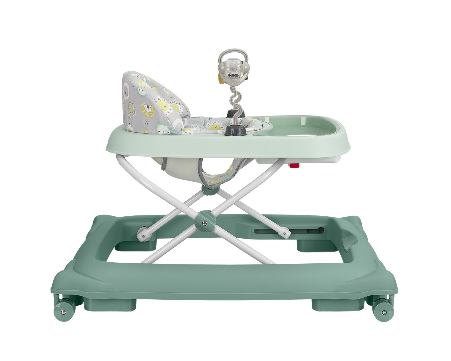 Ein mintgrüner Baby-Gehwagen mit Spielzeugbügel und Sitz mit Tiermotiv.