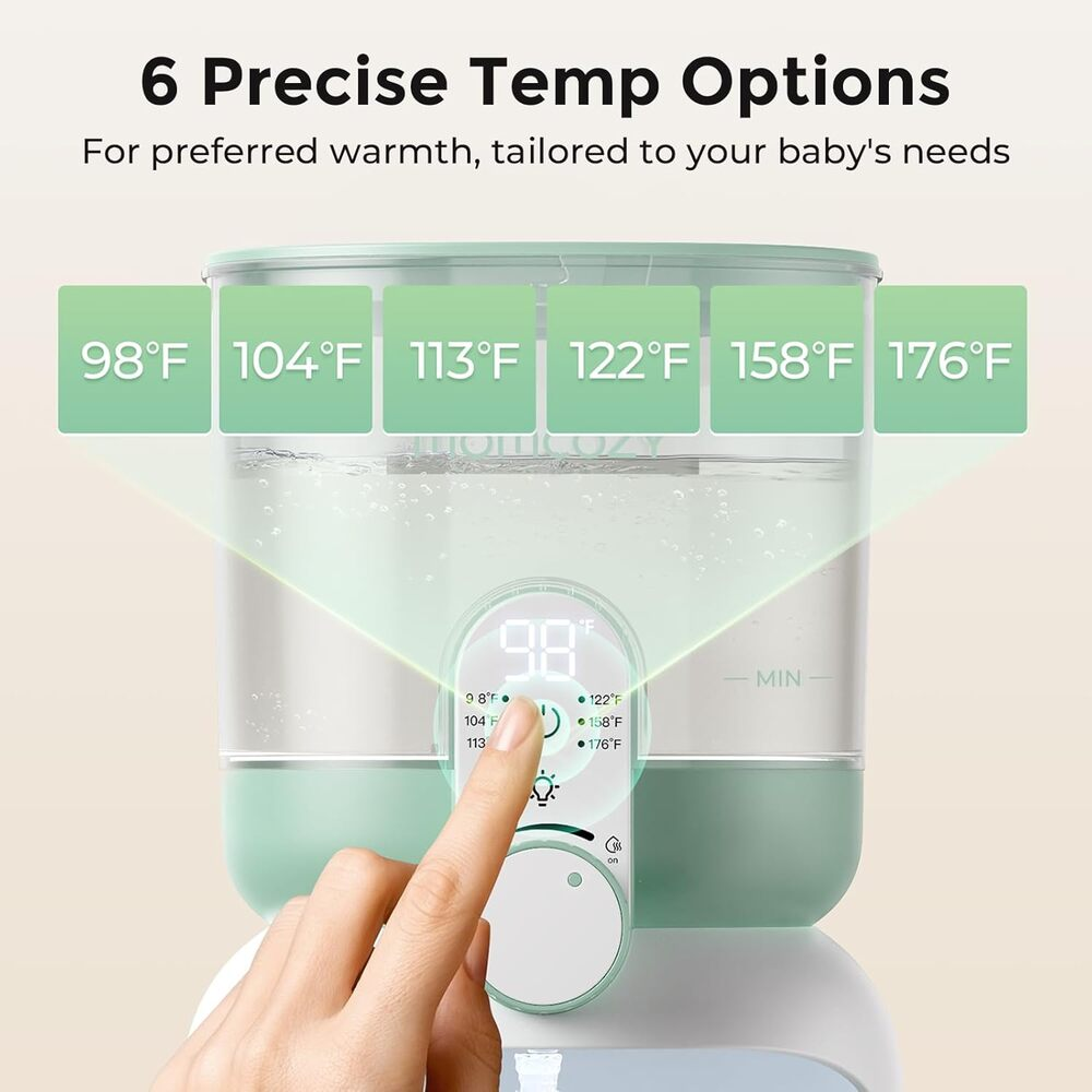 Un chauffe-biberon avec 6 options de température, de 98°F à 176°F.