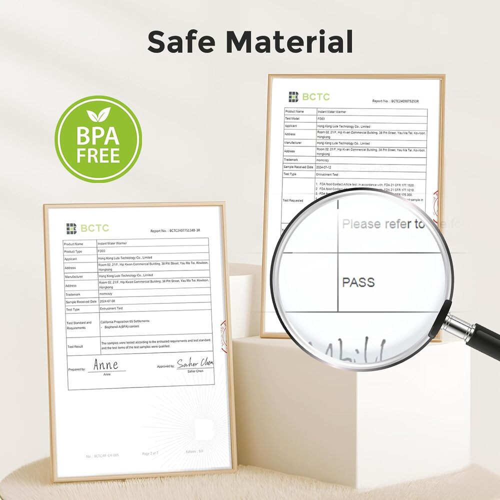 Certifications sans BPA avec loupe et tampon "PASS".