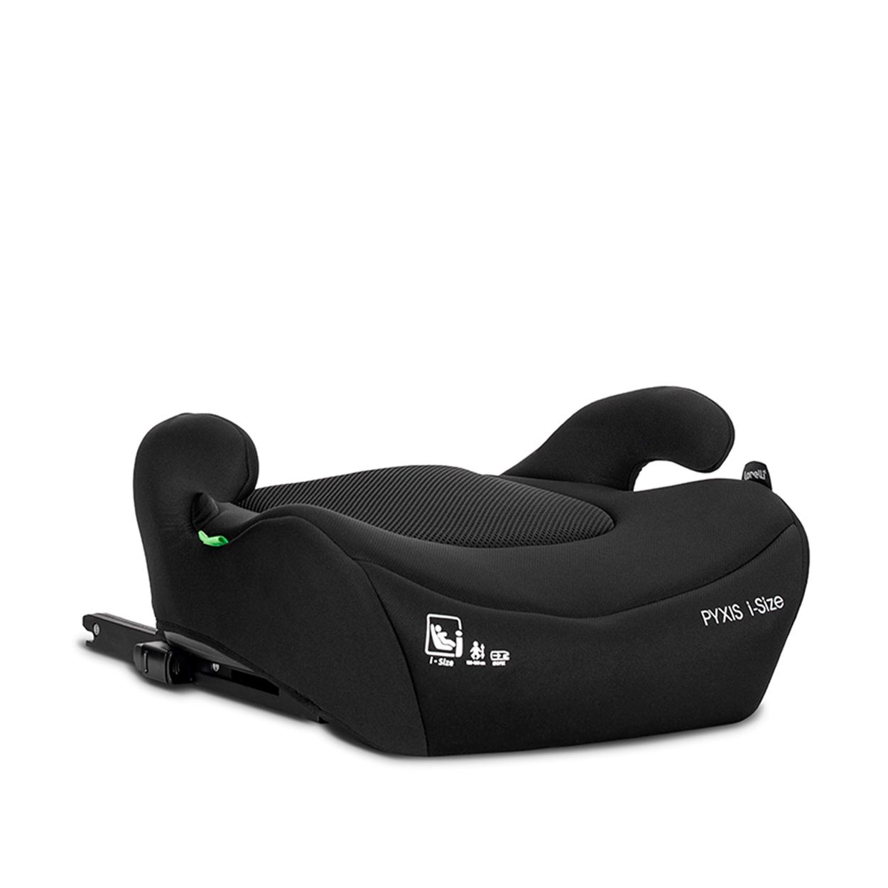 Schwarzer Kindersitz mit Isofix-Halterung, auf weißem Hintergrund.